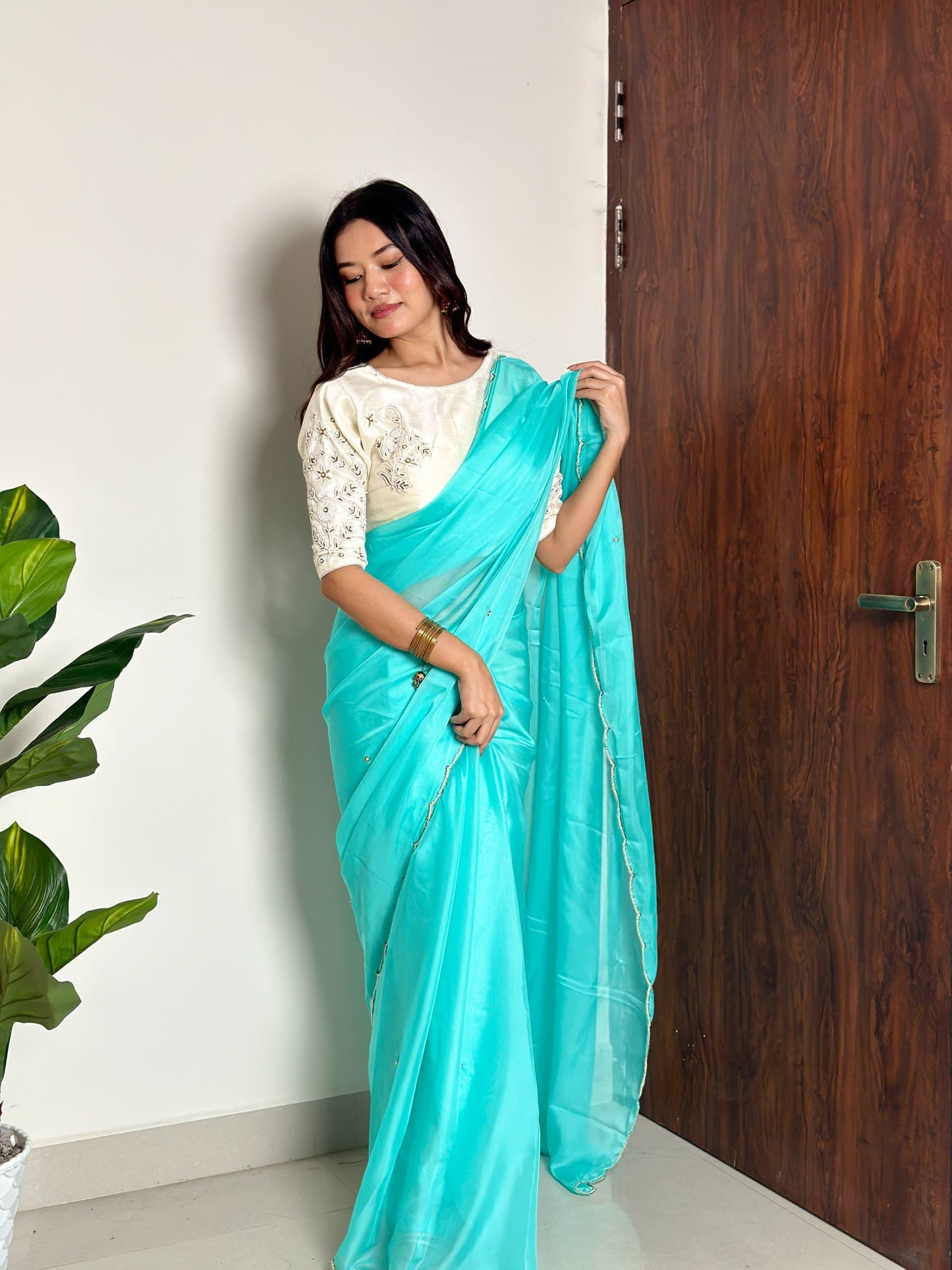 Alluring Soft Organza Saree With Stitched Handworked Blouse - INDIAN ELEGANCE