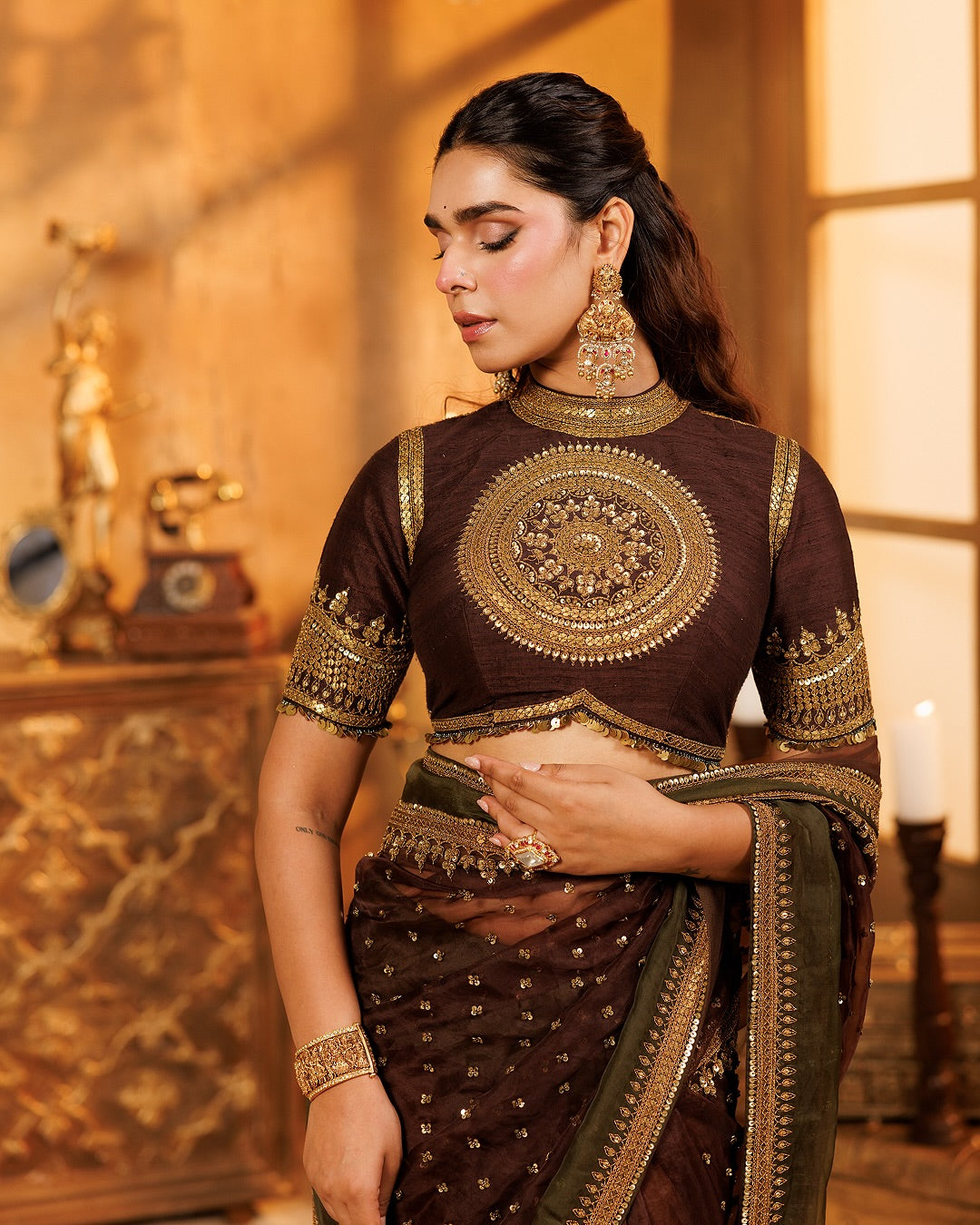 Luxury Chocolate Brown Tibby Silk Saree With Intricate Thread & Sequence Work For Wedding, Reception & Festive Wear