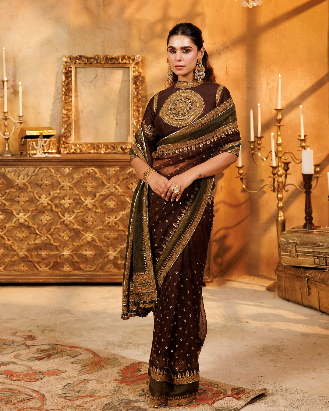 Luxury Chocolate Brown Tibby Silk Saree With Intricate Thread & Sequence Work For Wedding, Reception & Festive Wear