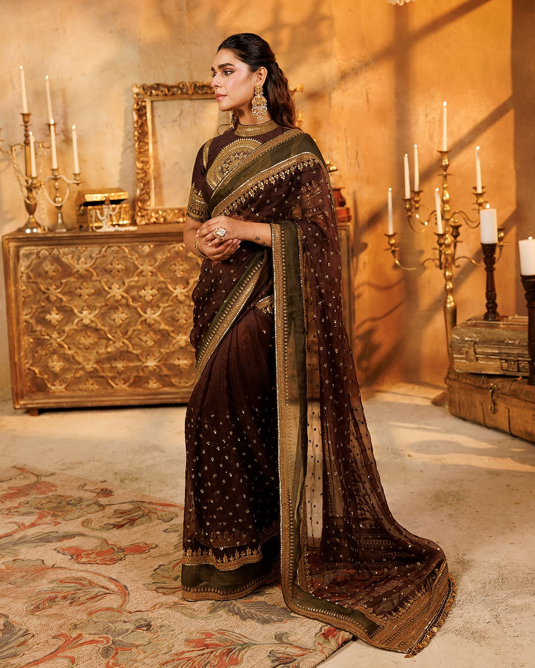 Luxury Chocolate Brown Tibby Silk Saree With Intricate Thread & Sequence Work For Wedding, Reception & Festive Wear