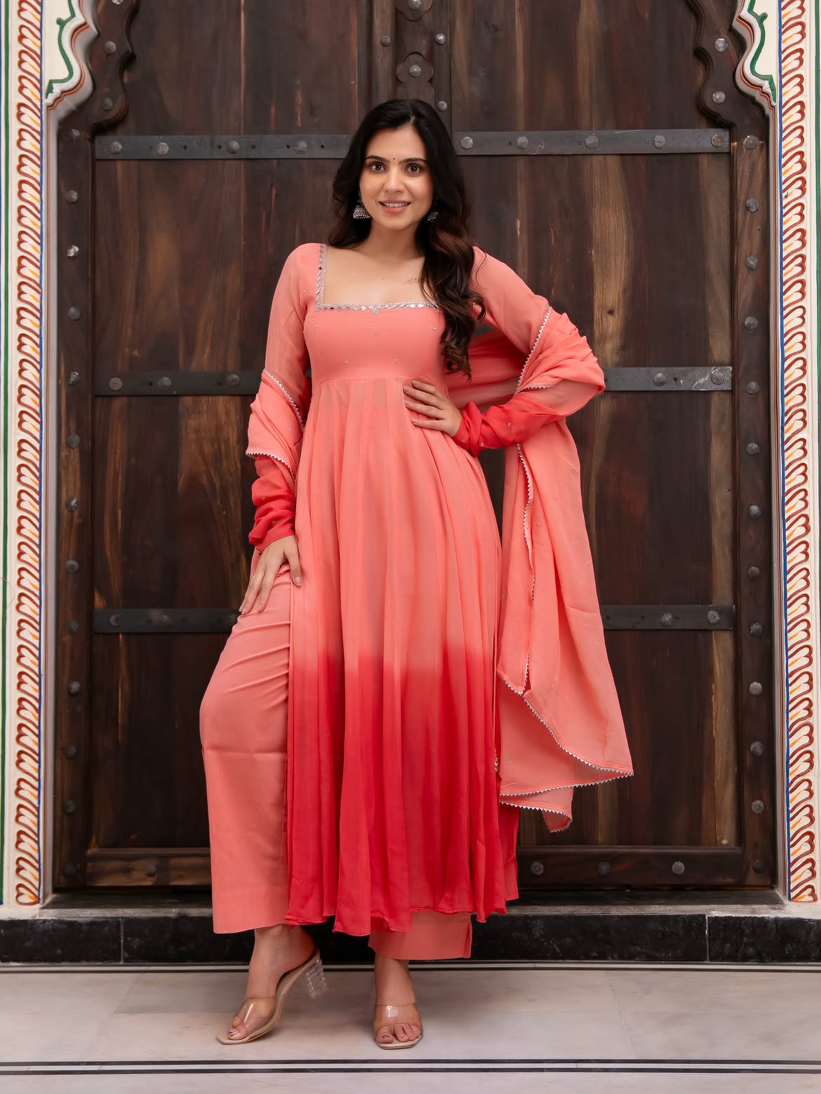 Premium Peach Ombre Georgette Anarkali Suit Set with Dupatta for Women