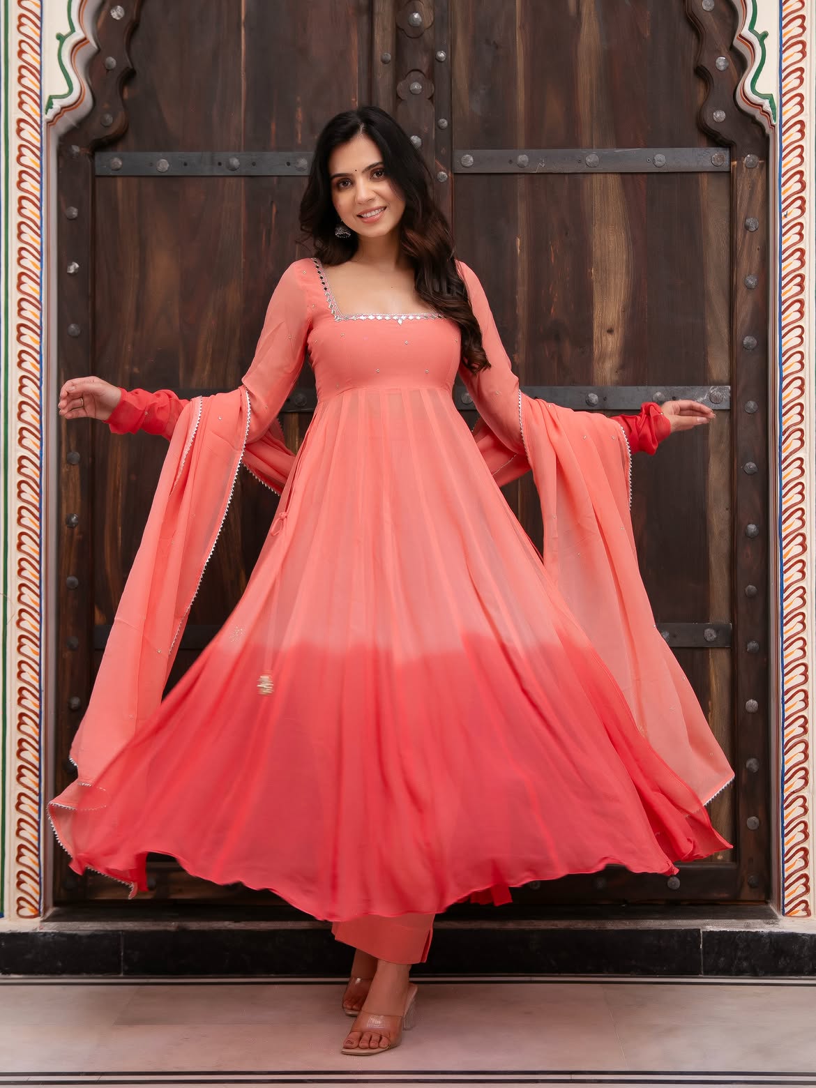 Premium Peach Ombre Georgette Anarkali Suit Set with Dupatta for Women