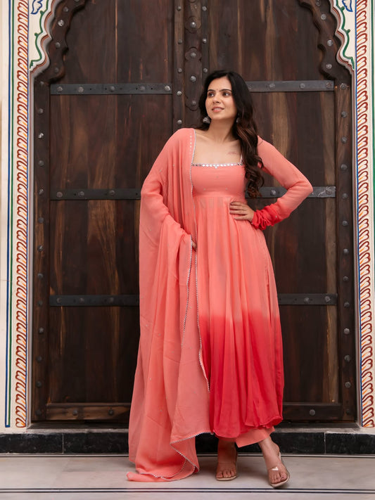 Premium Peach Ombre Georgette Anarkali Suit Set with Dupatta for Women