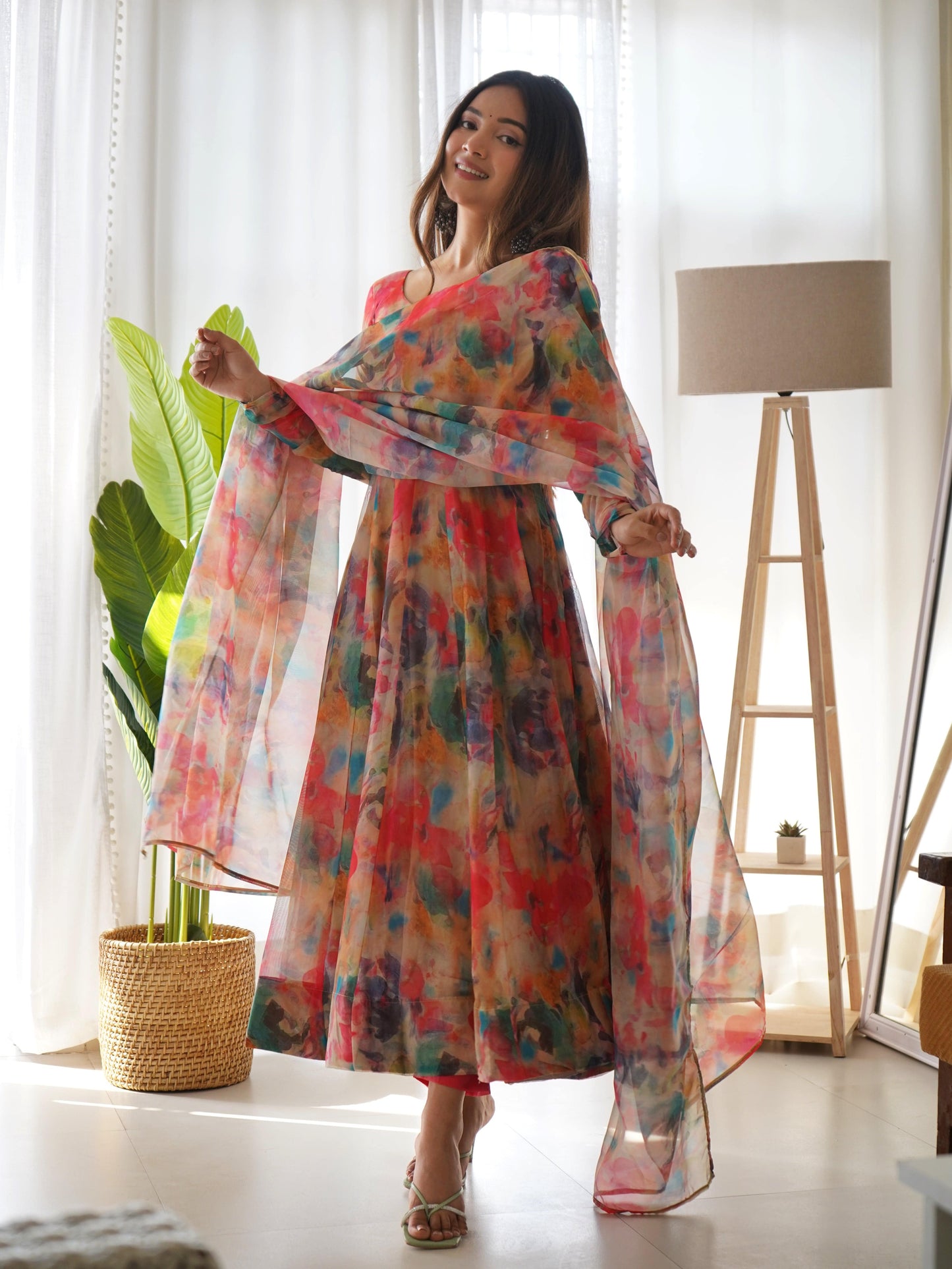 Elegant Soft Organza Silk Floral Designer Anarkali Pant Suit - INDIAN ELEGANCE