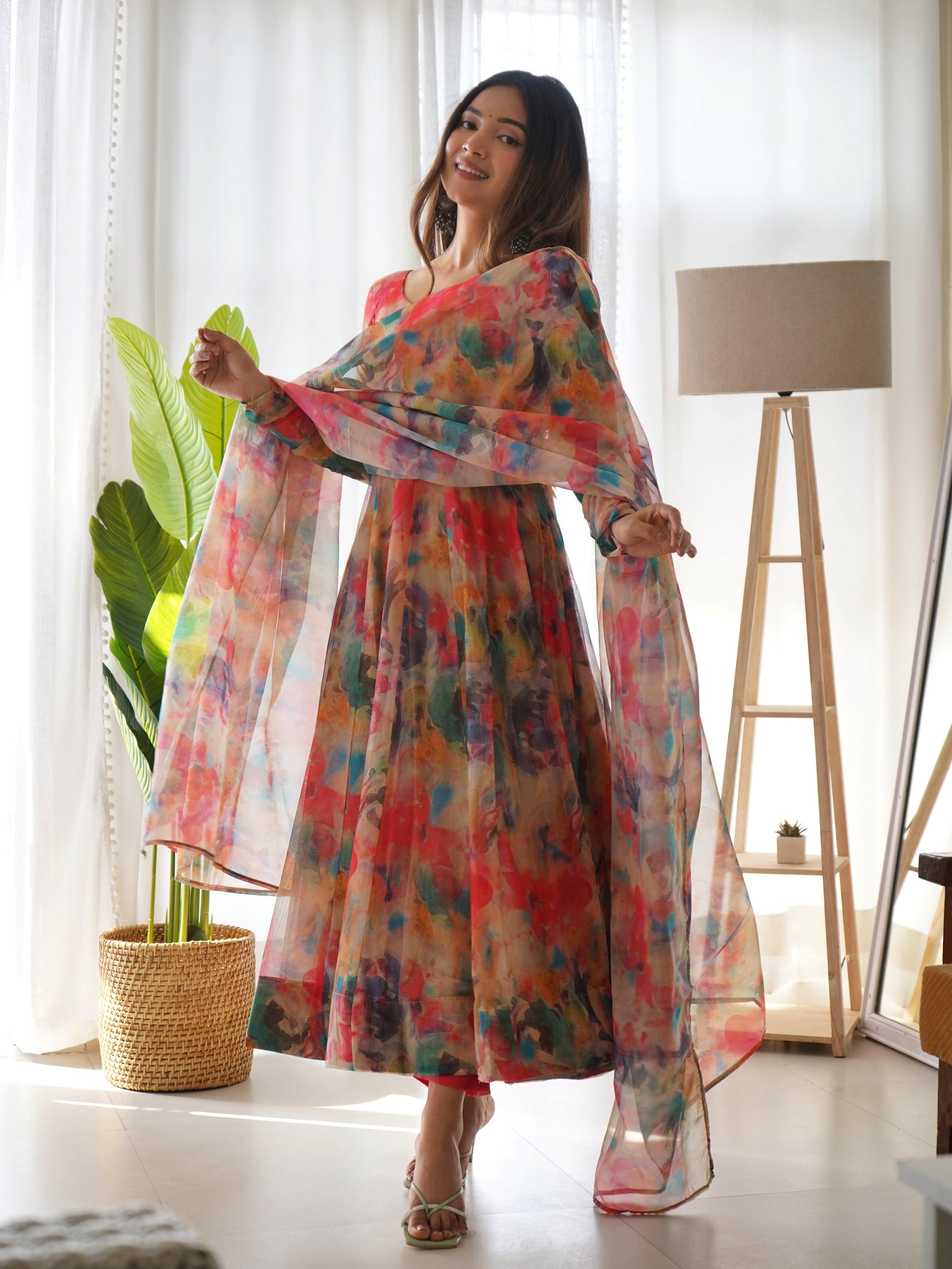 Elegant Soft Organza Silk Floral Designer Anarkali Pant Suit - INDIAN ELEGANCE