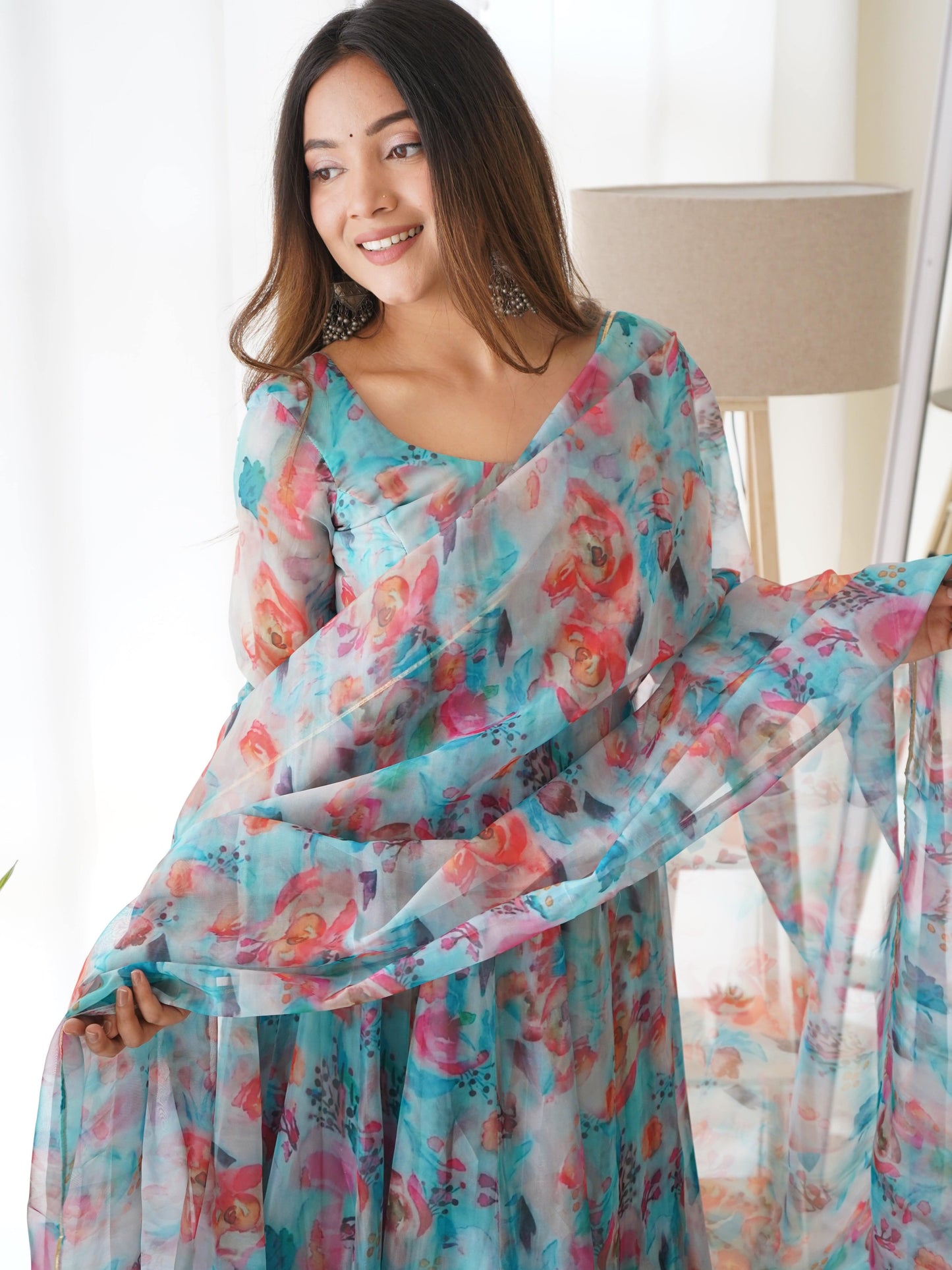 Elegant Soft Organza Silk Floral Designer Anarkali Pant Suit - INDIAN ELEGANCE