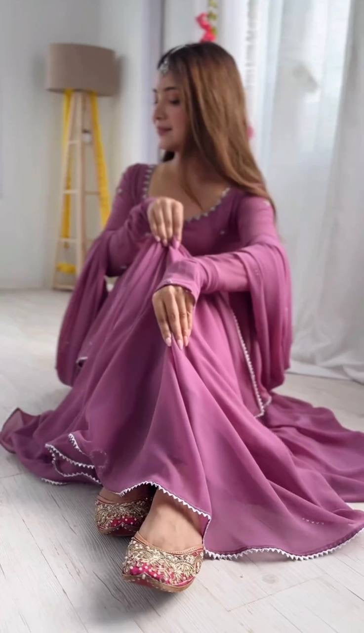 Lavender Color Gerogatte Fabric Fully Stiched Anarkali