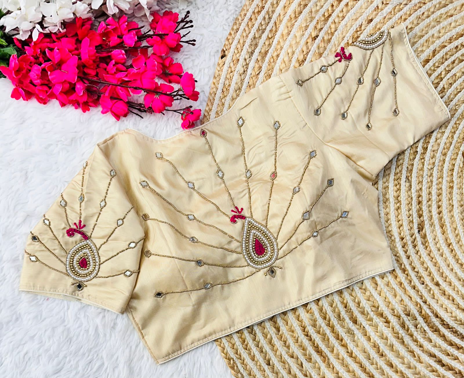 Exquisite Muga Silk Golden Handcrafted Ambla Mirror Worked Blouse - INDIAN ELEGANCE