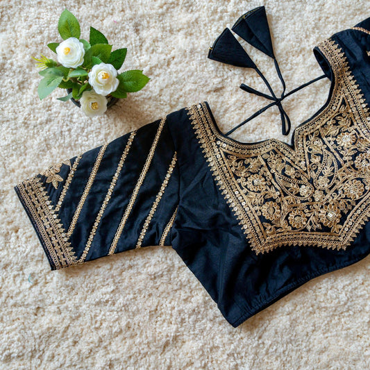 Spellbinding Blubbery Silk Golden Embroidered Sequins Worked Blouse - INDIAN ELEGANCE