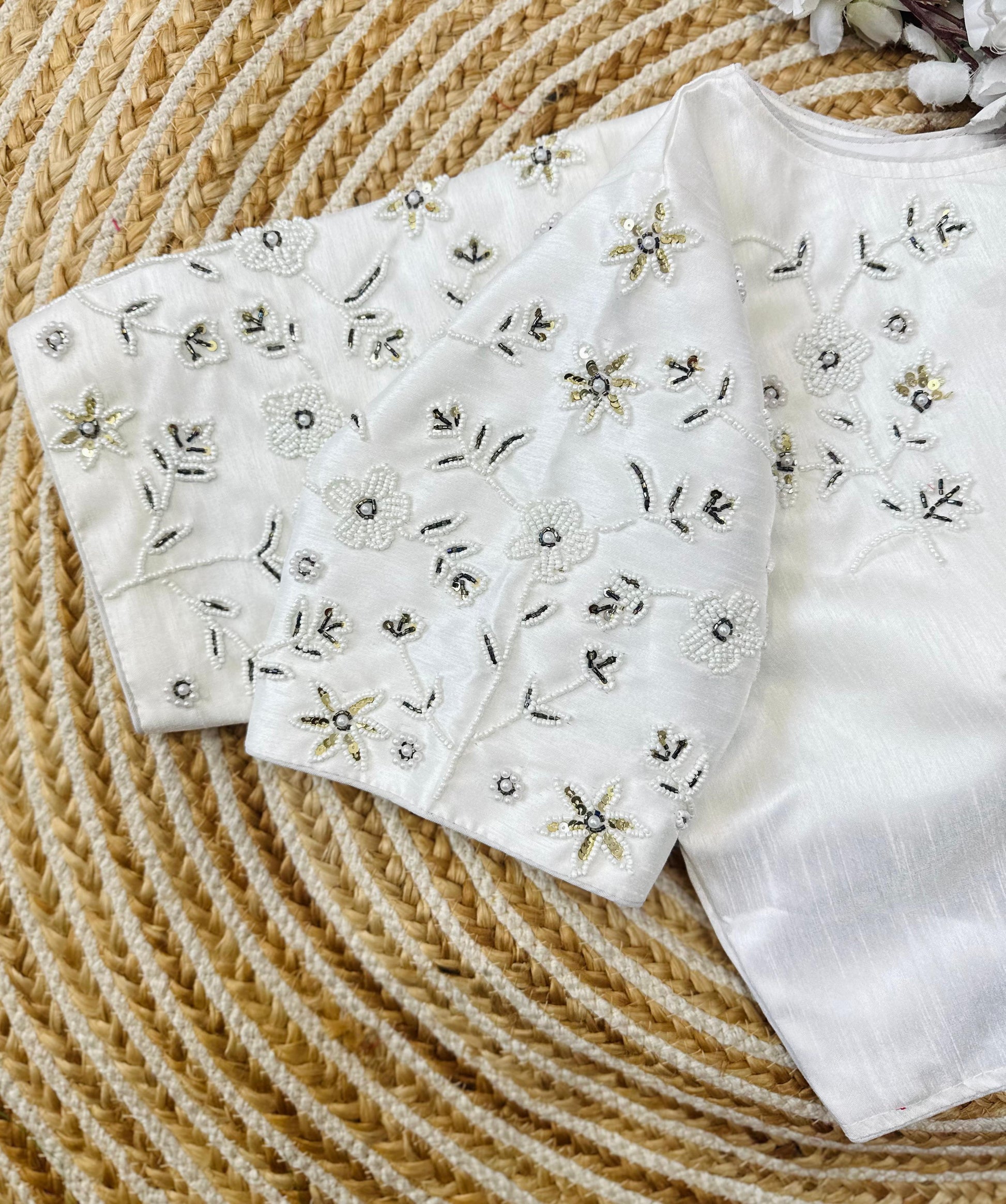 Magnificent White Jilmil Silk Handworked Designer Stitched Blouse - INDIAN ELEGANCE