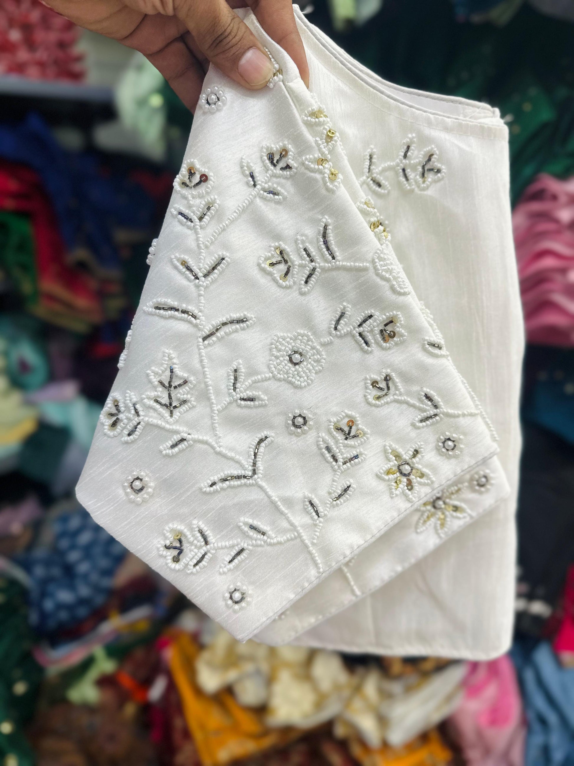 Magnificent White Jilmil Silk Handworked Designer Stitched Blouse - INDIAN ELEGANCE