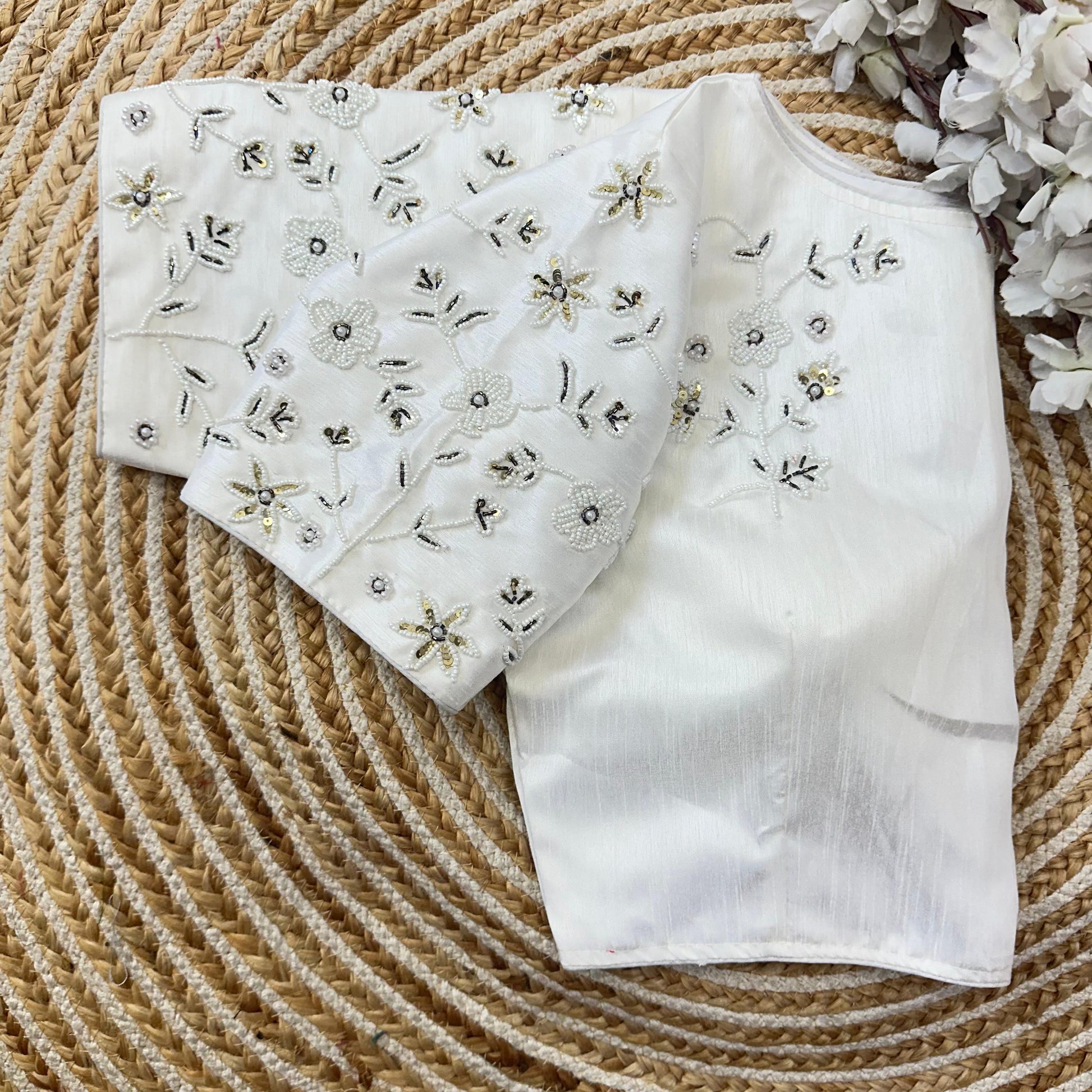 Magnificent White Jilmil Silk Handworked Designer Stitched Blouse - INDIAN ELEGANCE