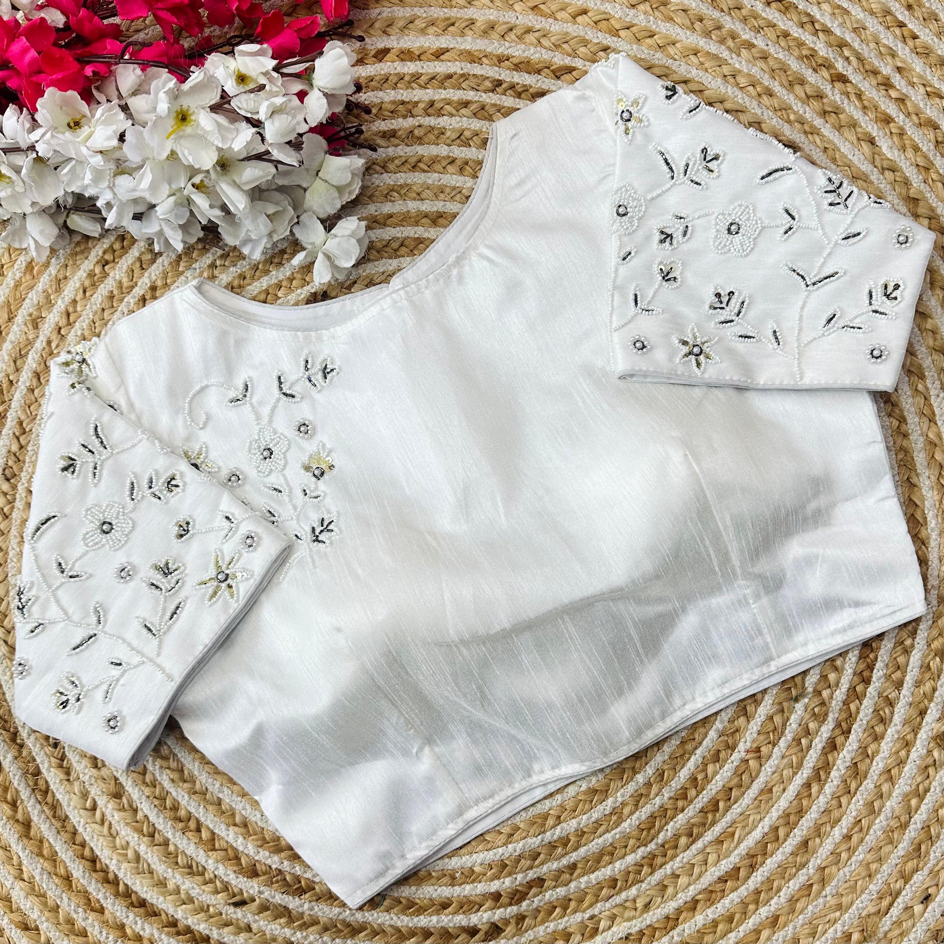 Magnificent White Jilmil Silk Handworked Designer Stitched Blouse - INDIAN ELEGANCE