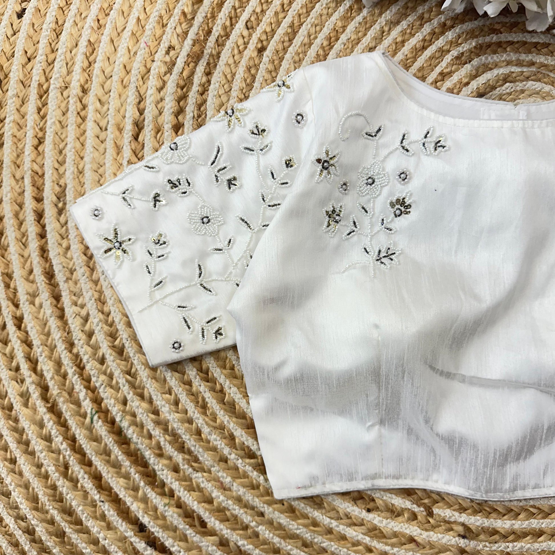 Magnificent White Jilmil Silk Handworked Designer Stitched Blouse - INDIAN ELEGANCE