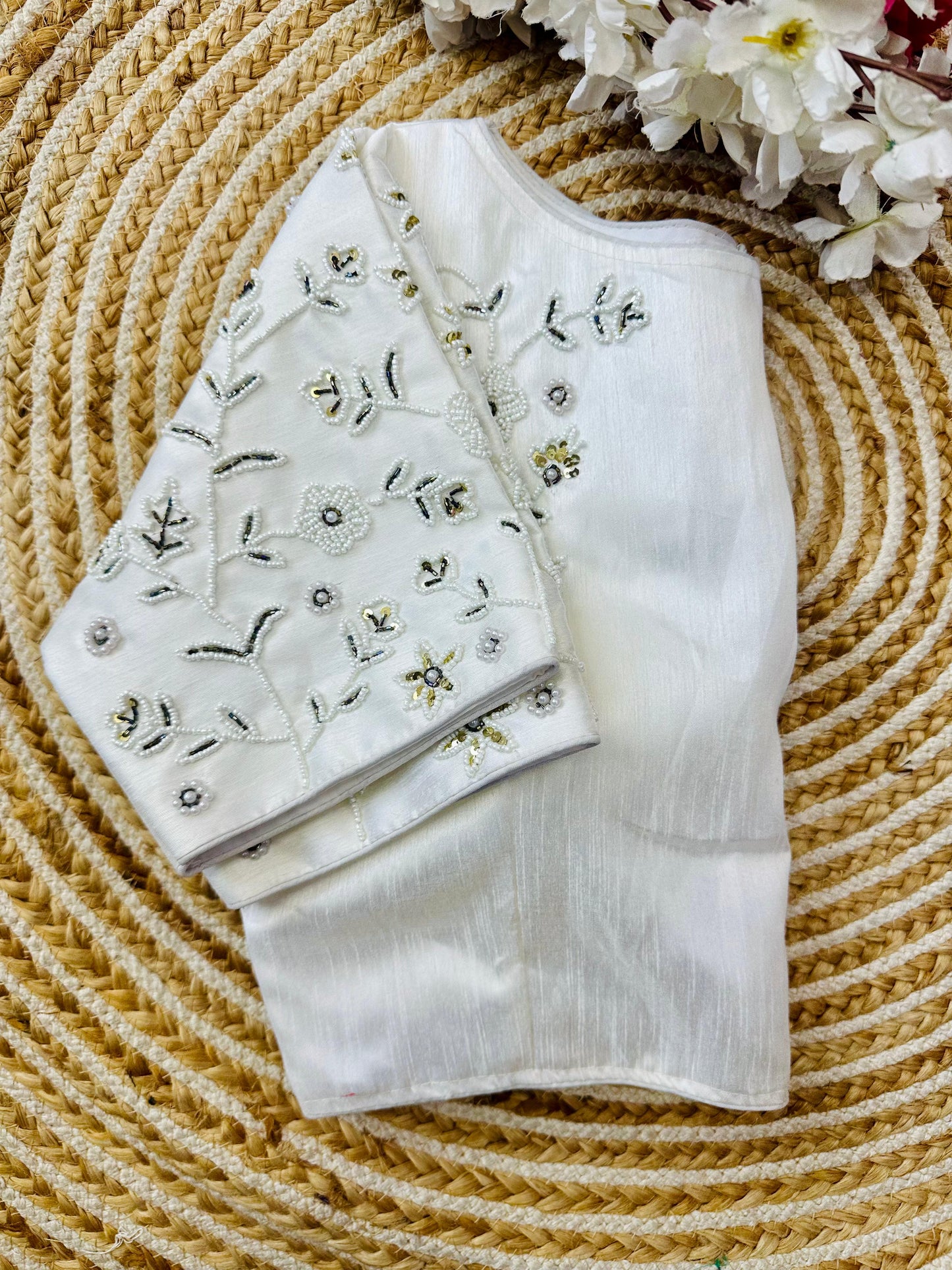 Magnificent White Jilmil Silk Handworked Designer Stitched Blouse - INDIAN ELEGANCE