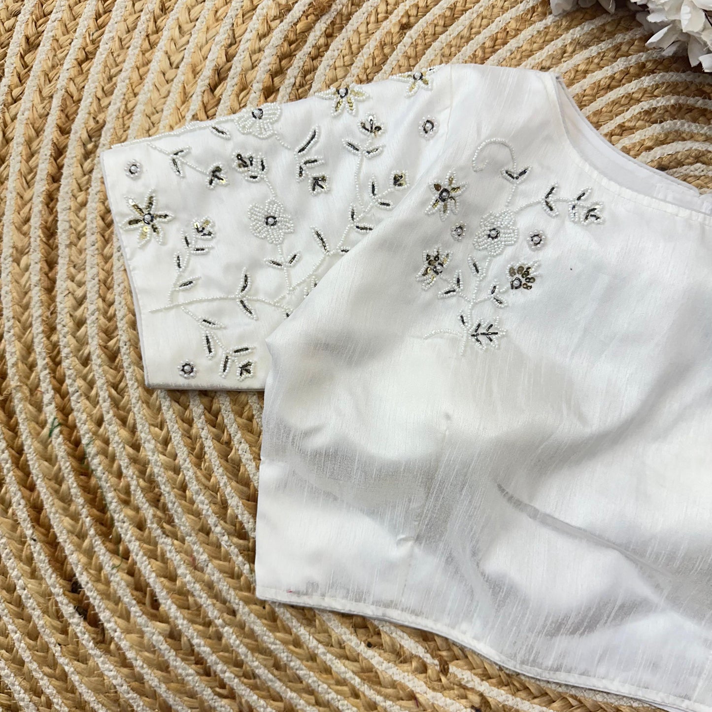 Magnificent White Jilmil Silk Handworked Designer Stitched Blouse - INDIAN ELEGANCE