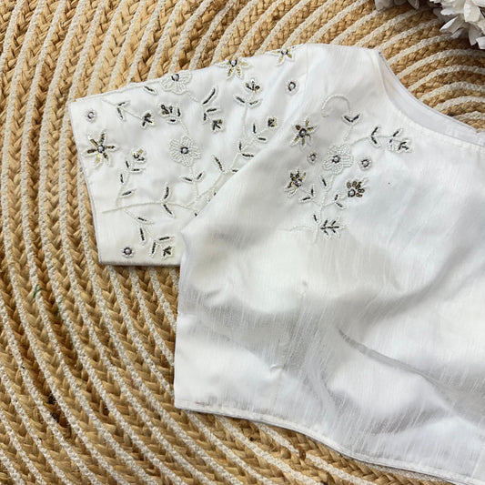Magnificent White Jilmil Silk Handworked Designer Stitched Blouse - INDIAN ELEGANCE