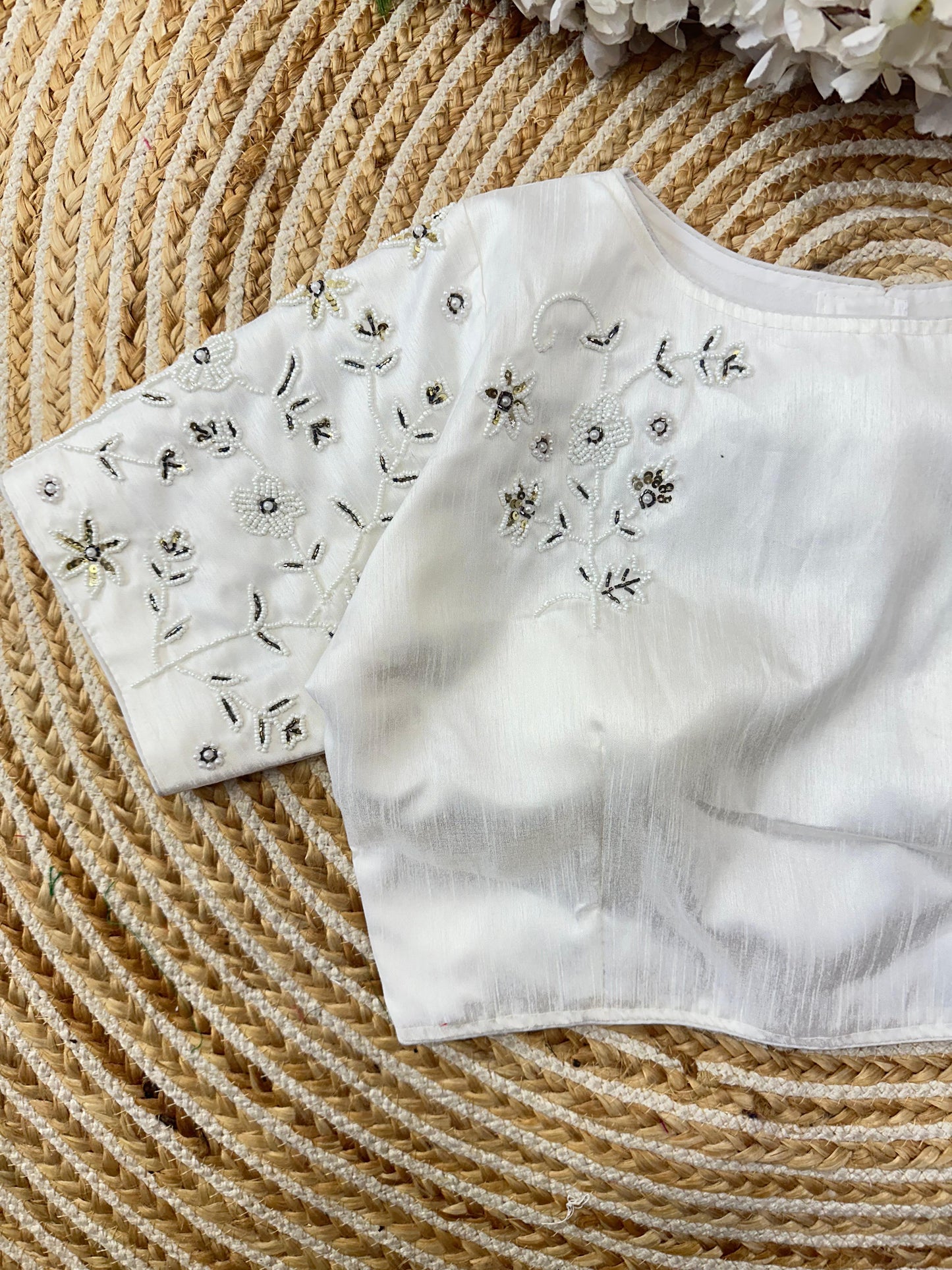 Magnificent White Jilmil Silk Handworked Designer Stitched Blouse - INDIAN ELEGANCE