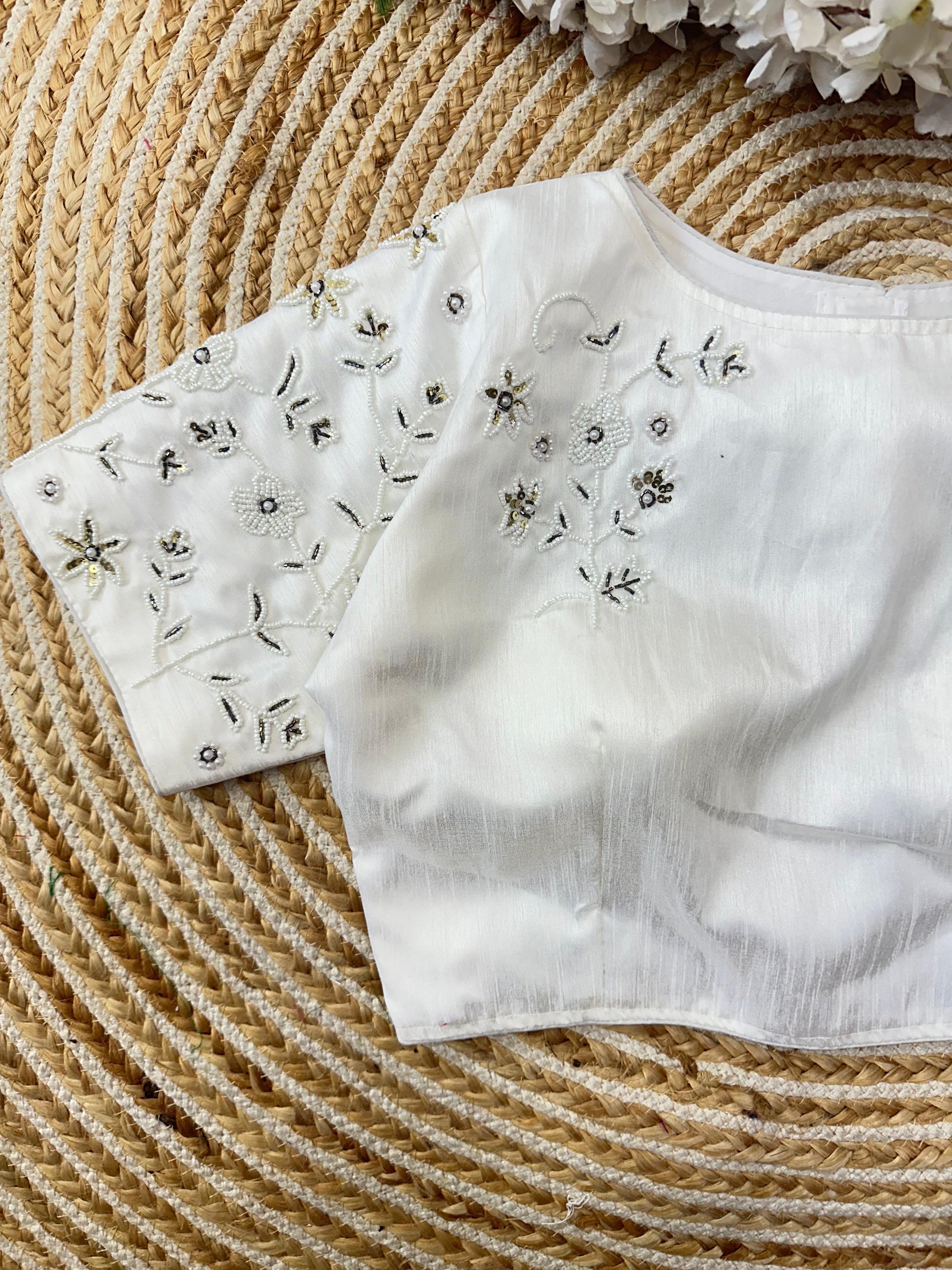 Magnificent White Jilmil Silk Handworked Designer Stitched Blouse - INDIAN ELEGANCE