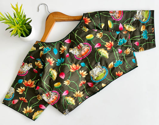 Exquisite Pure Silk Printed Handcrafted Stitched Designer Blouse - INDIAN ELEGANCE