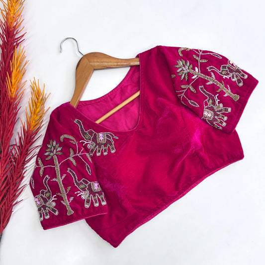 Magnificent Pure Velvet Handworked Fully Stitched Designer Blouse - INDIAN ELEGANCE
