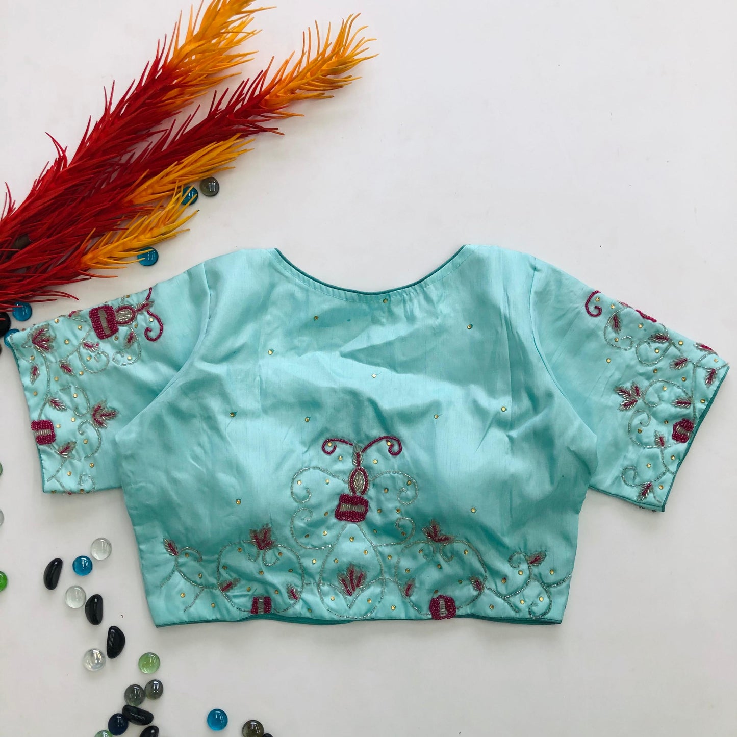 Stylish Keri Silk Handworked & Pearl Embellished Stitched Blouse - INDIAN ELEGANCE