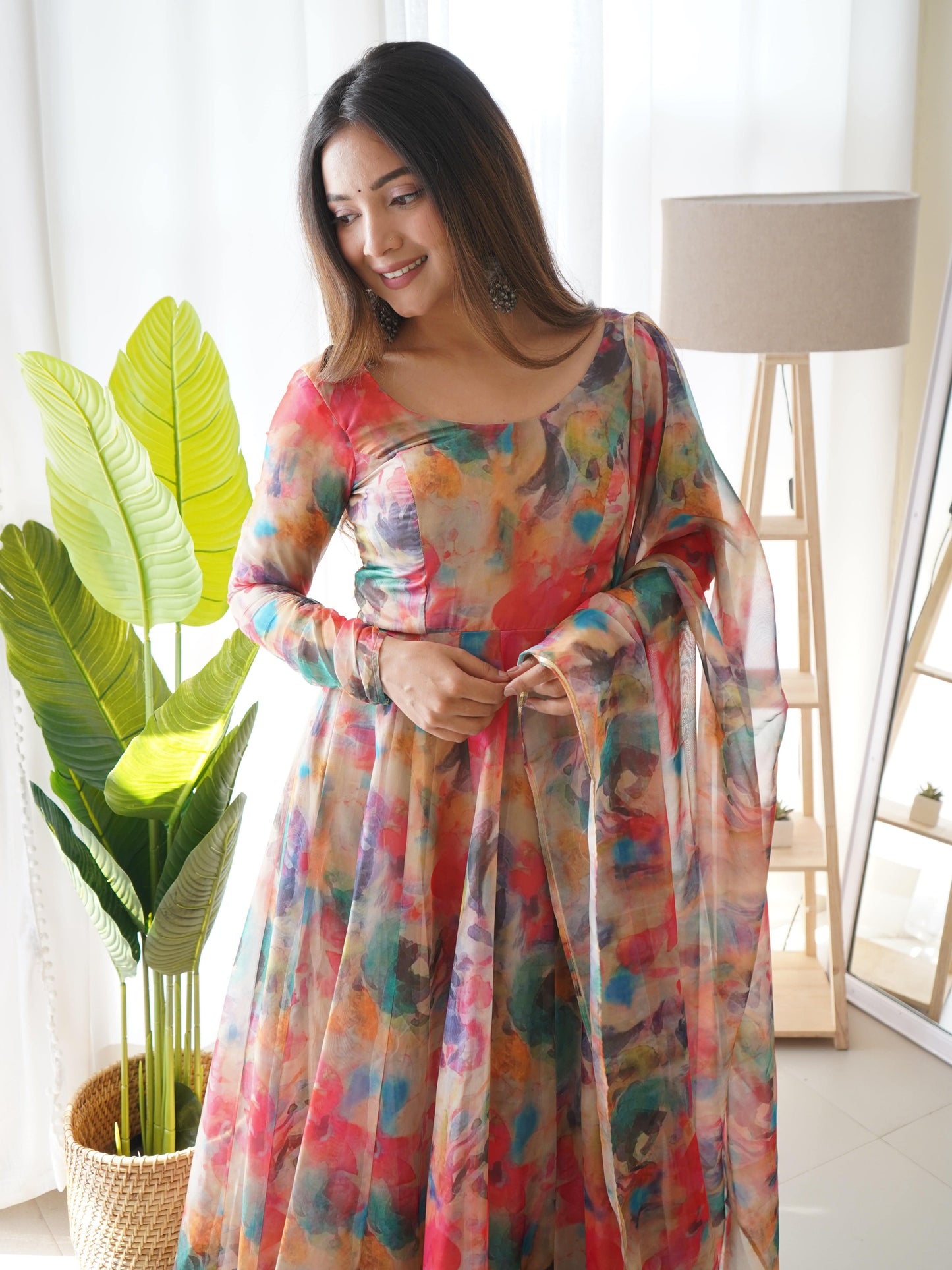 Elegant Soft Organza Silk Floral Designer Anarkali Pant Suit - INDIAN ELEGANCE