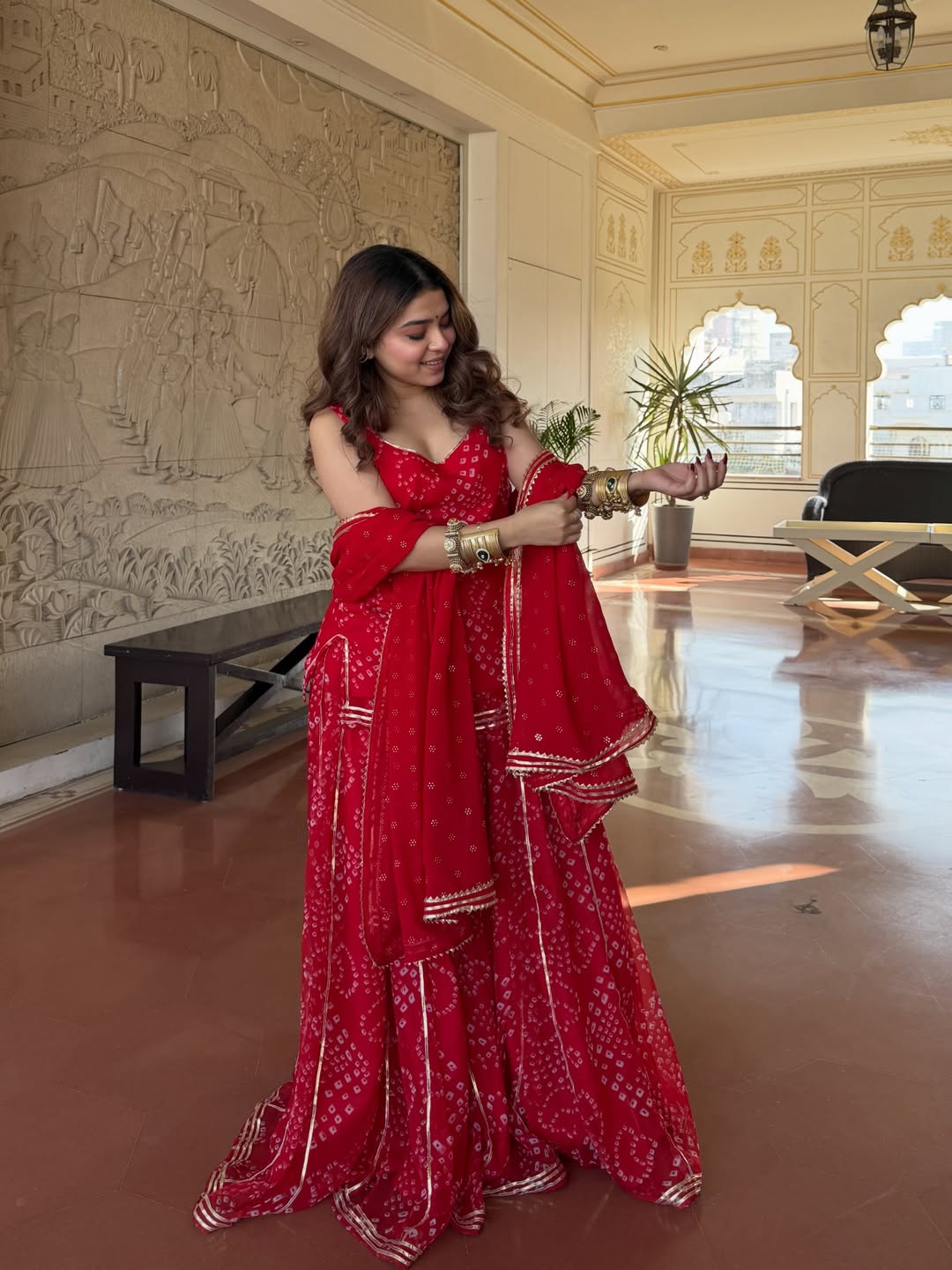 Farewell & Wedding wear Kumkum Red Bandhani Sharara Set for Women
