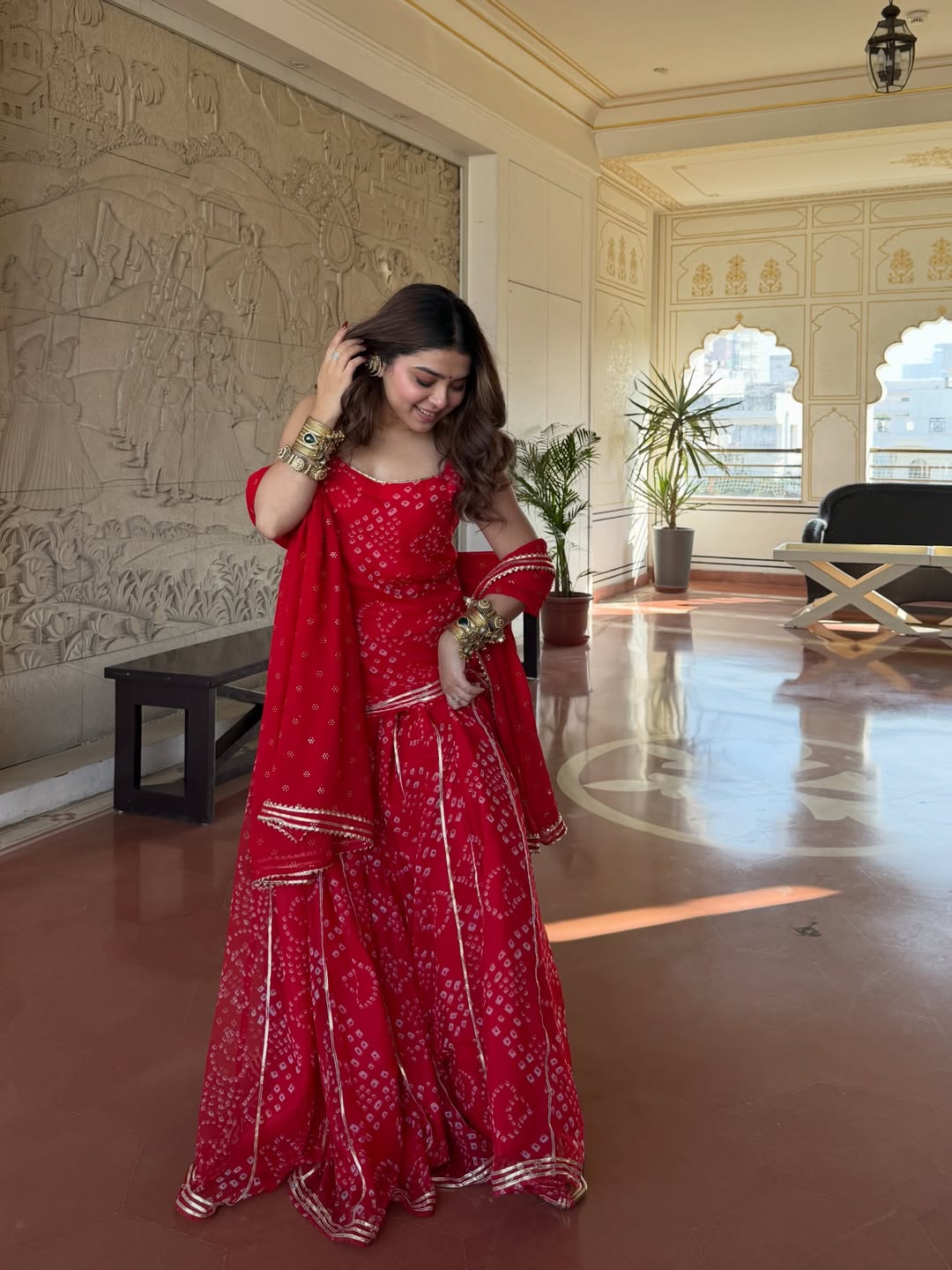Farewell & Wedding wear Kumkum Red Bandhani Sharara Set for Women