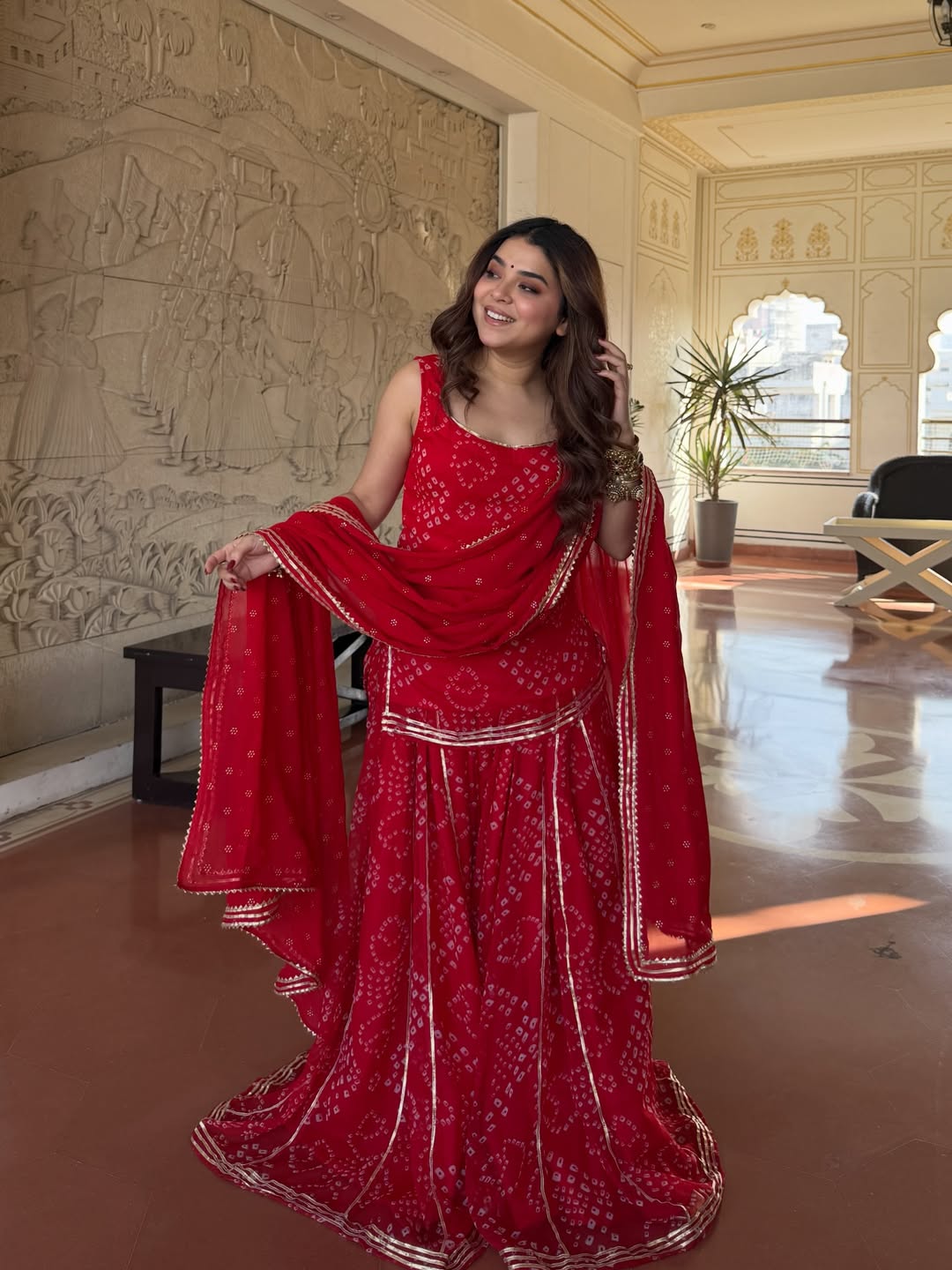 Farewell & Wedding wear Kumkum Red Bandhani Sharara Set for Women