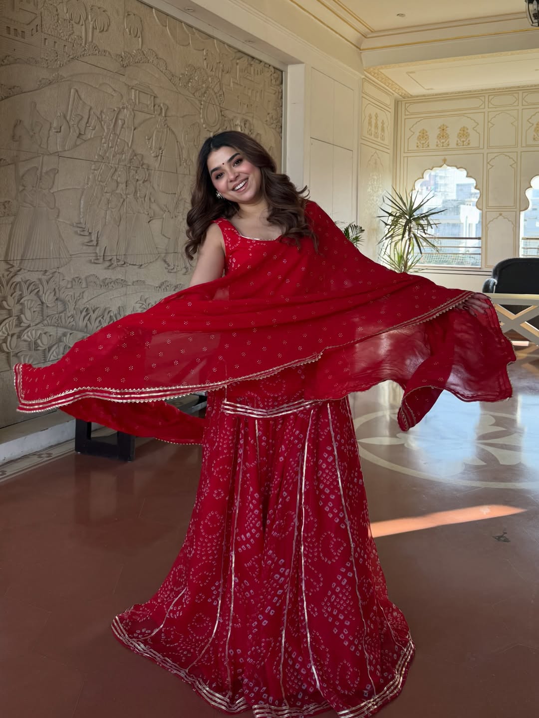 Farewell & Wedding wear Kumkum Red Bandhani Sharara Set for Women