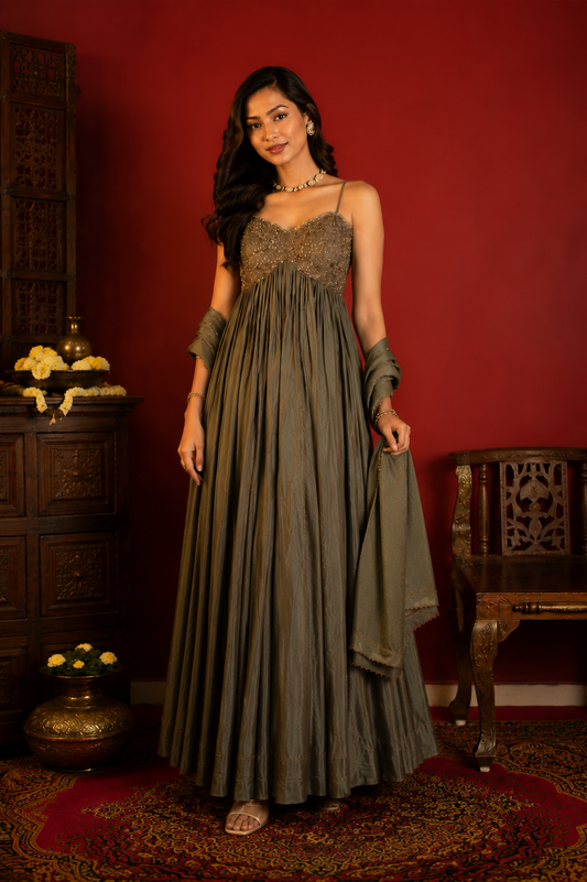 Party Wear Olive Green Upada Silk Anarkali Suit Set with Chinoon Chiffon Dupatta for Women