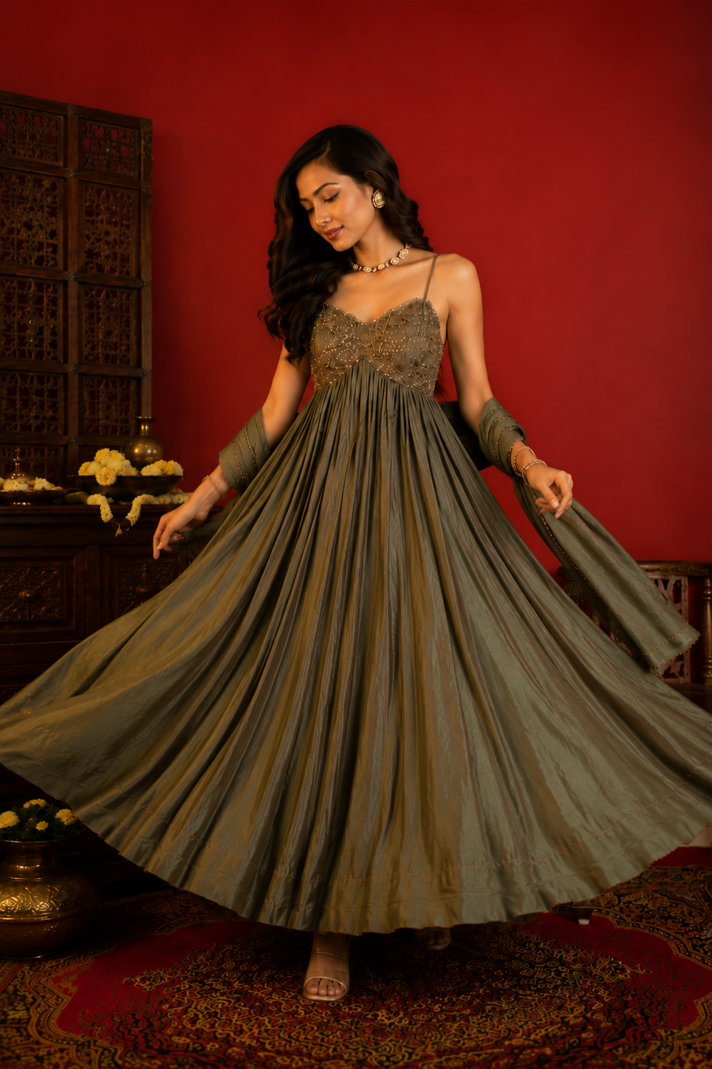 Party Wear Olive Green Upada Silk Anarkali Suit Set with Chinoon Chiffon Dupatta for Women