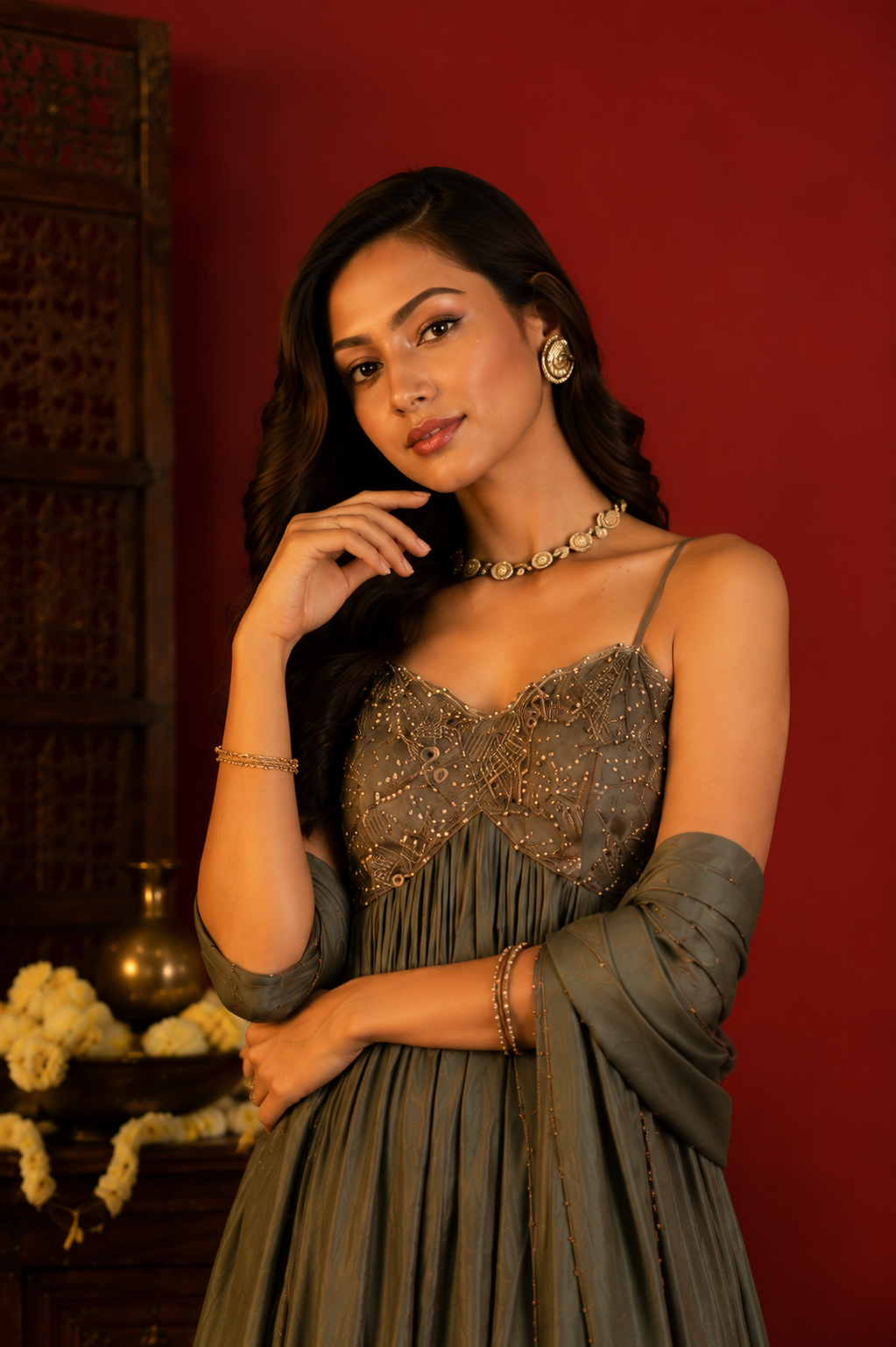 Party Wear Olive Green Upada Silk Anarkali Suit Set with Chinoon Chiffon Dupatta for Women
