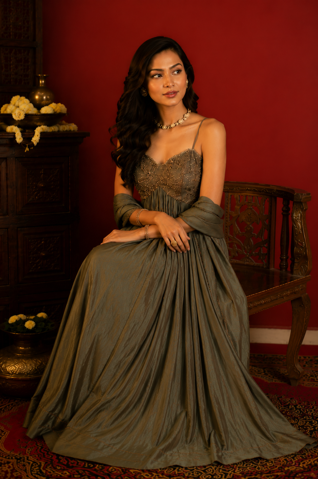 Party Wear Olive Green Upada Silk Anarkali Suit Set with Chinoon Chiffon Dupatta for Women