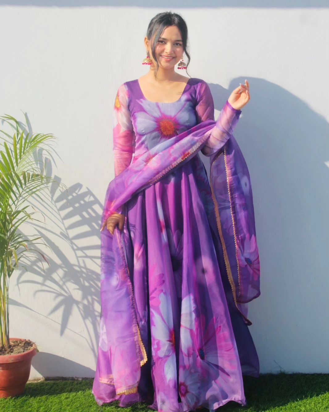 Delightful Purple Organza Silk Floral Printed Stitched Gown With Dupatta - INDIAN ELEGANCE