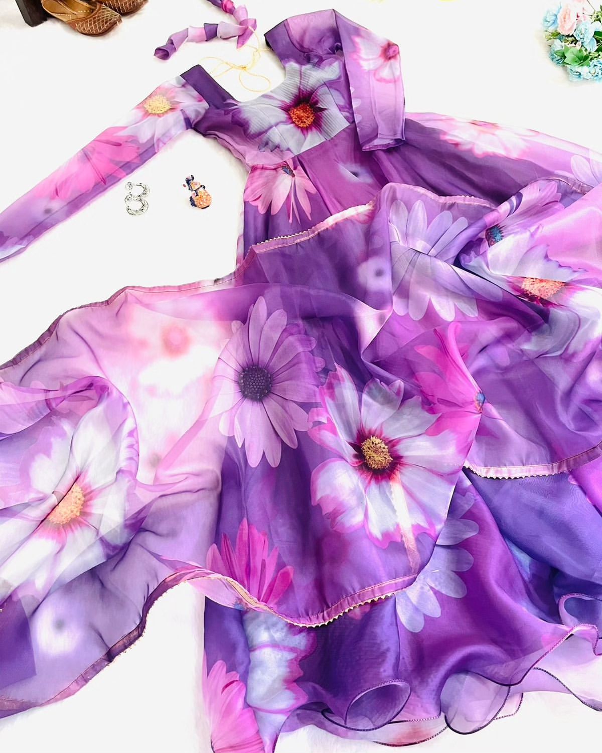 Delightful Purple Organza Silk Floral Printed Stitched Gown With Dupatta - INDIAN ELEGANCE