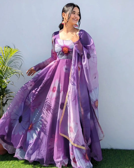 Delightful Purple Organza Silk Floral Printed Stitched Gown With Dupatta - INDIAN ELEGANCE