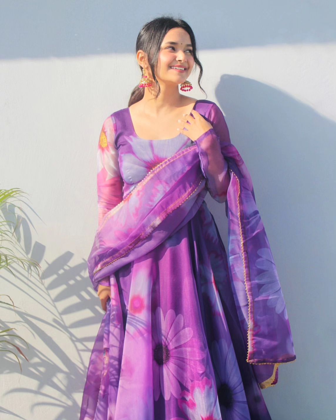 Delightful Purple Organza Silk Floral Printed Stitched Gown With Dupatta - INDIAN ELEGANCE