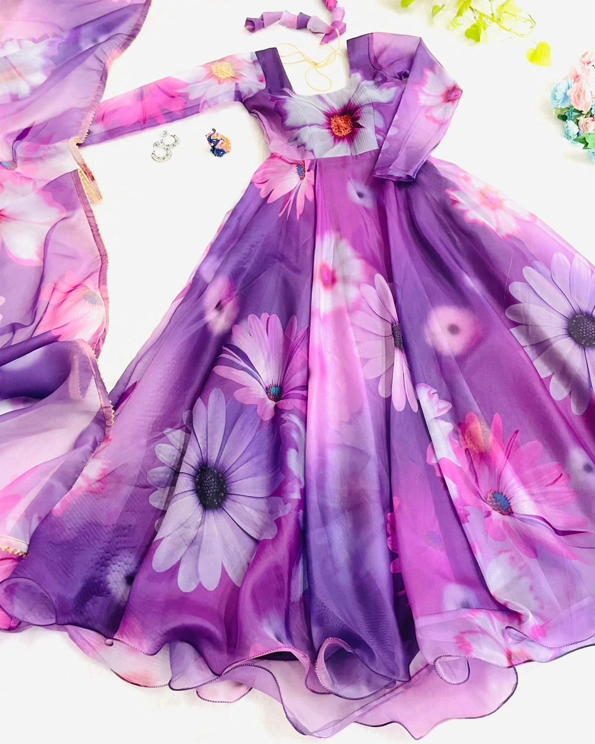 Delightful Purple Organza Silk Floral Printed Stitched Gown With Dupatta - INDIAN ELEGANCE