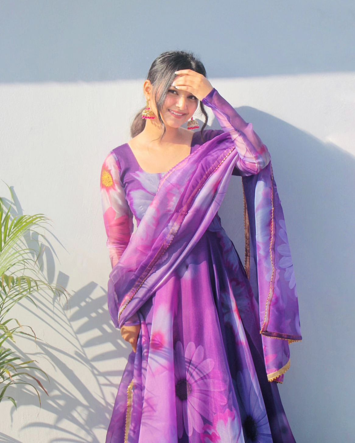 Delightful Purple Organza Silk Floral Printed Stitched Gown With Dupatta - INDIAN ELEGANCE