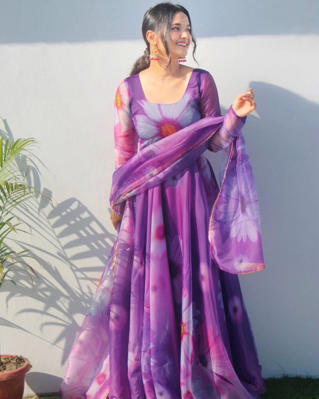 Delightful Purple Organza Silk Floral Printed Stitched Gown With Dupatta - INDIAN ELEGANCE