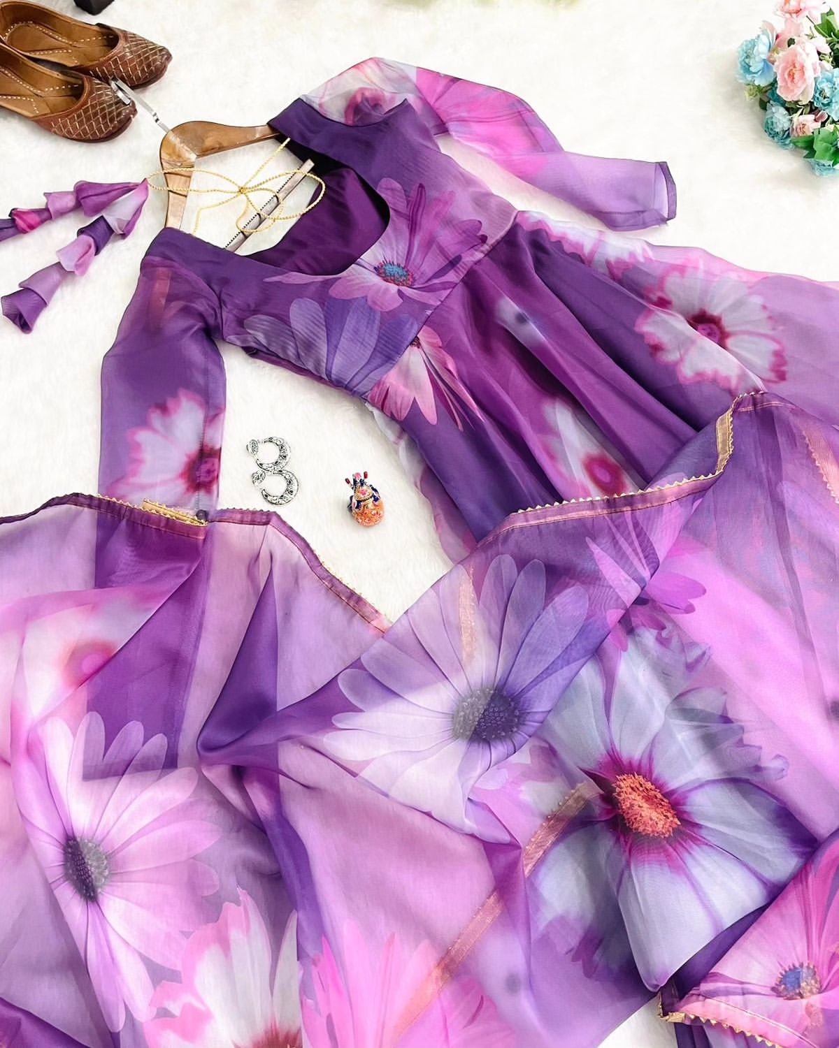 Delightful Purple Organza Silk Floral Printed Stitched Gown With Dupatta - INDIAN ELEGANCE