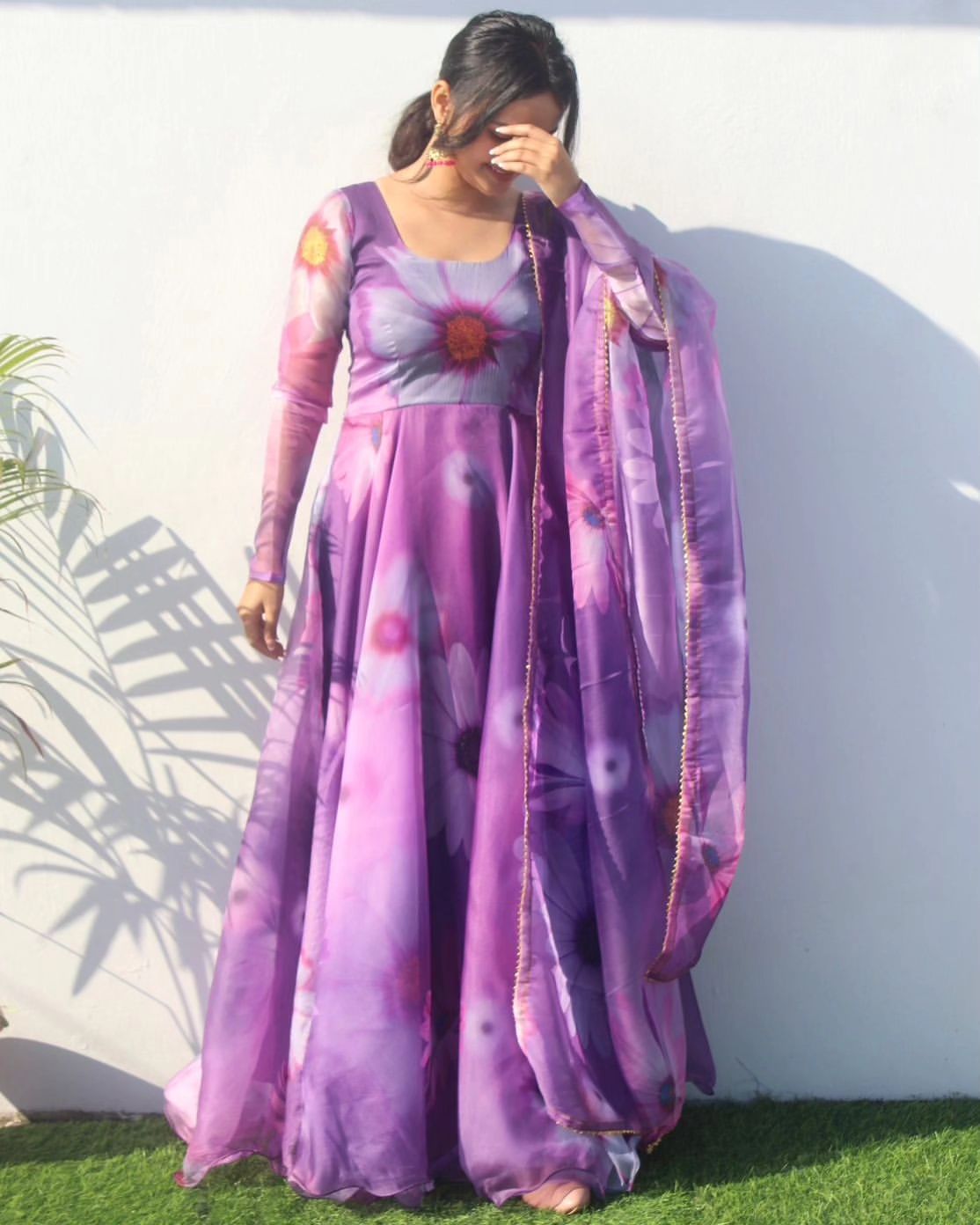 Delightful Purple Organza Silk Floral Printed Stitched Gown With Dupatta - INDIAN ELEGANCE