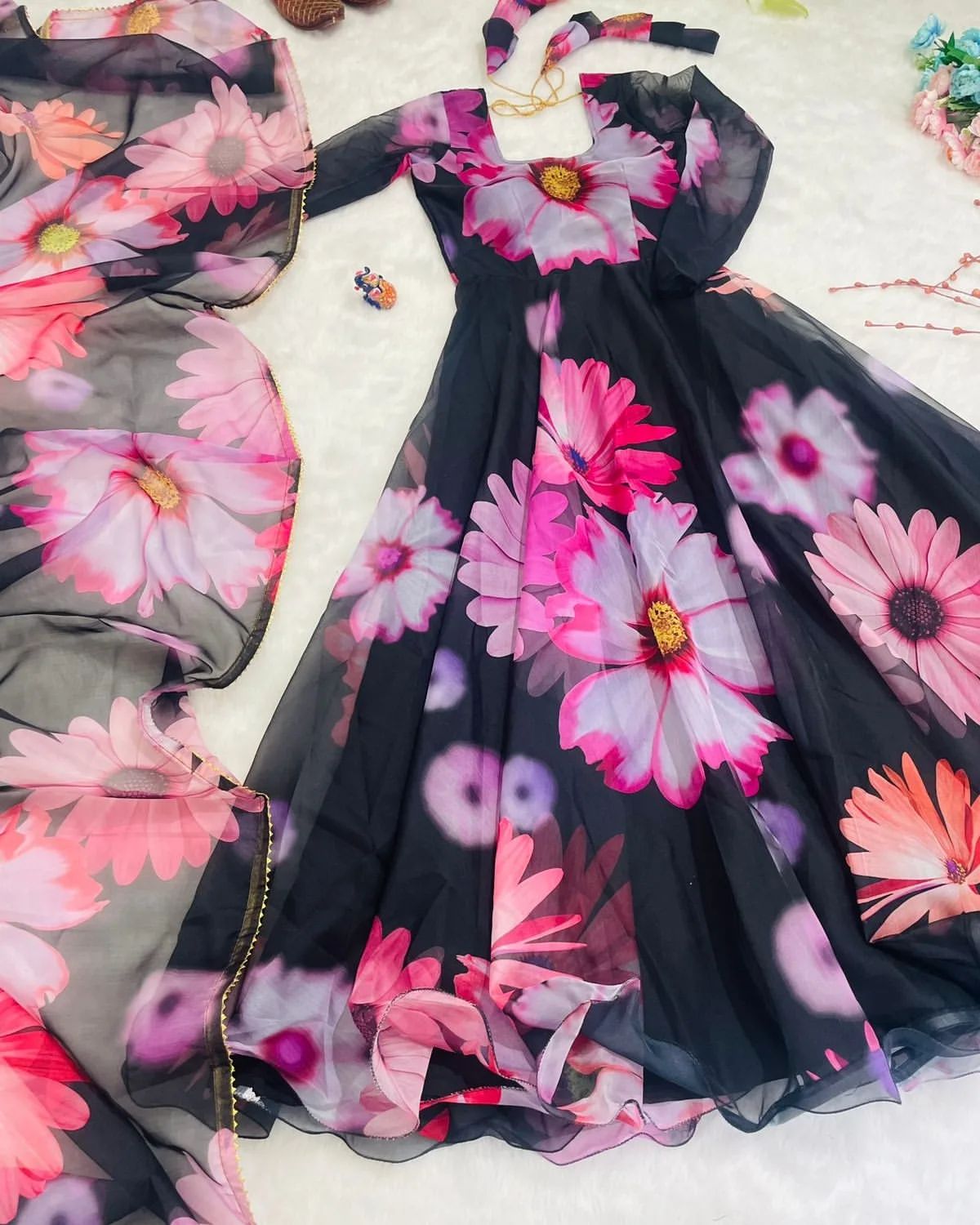 Enchanting Black Organza Silk Floral Printed Stitched Gown With Dupatta - INDIAN ELEGANCE