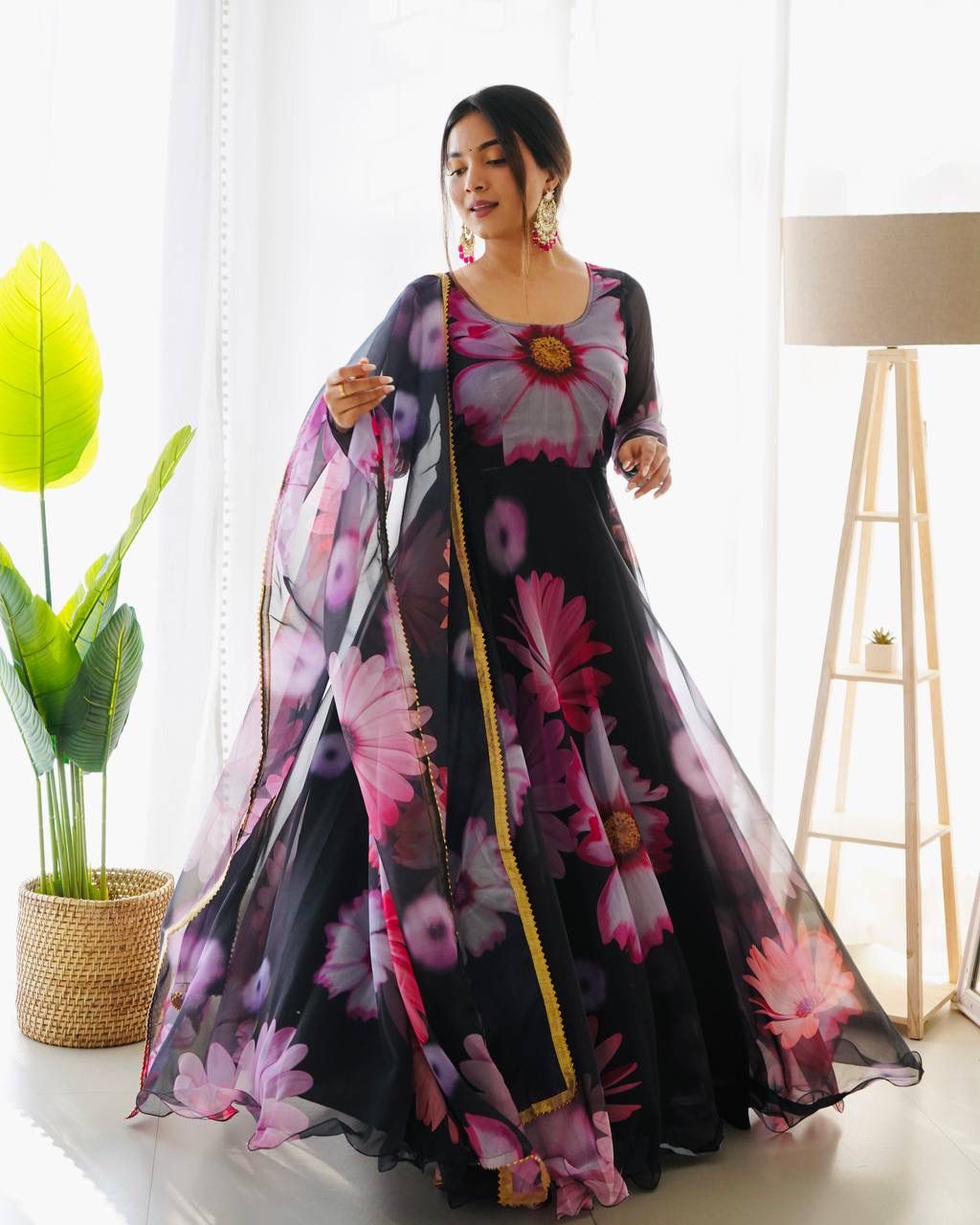 Enchanting Black Organza Silk Floral Printed Stitched Gown With Dupatta - INDIAN ELEGANCE