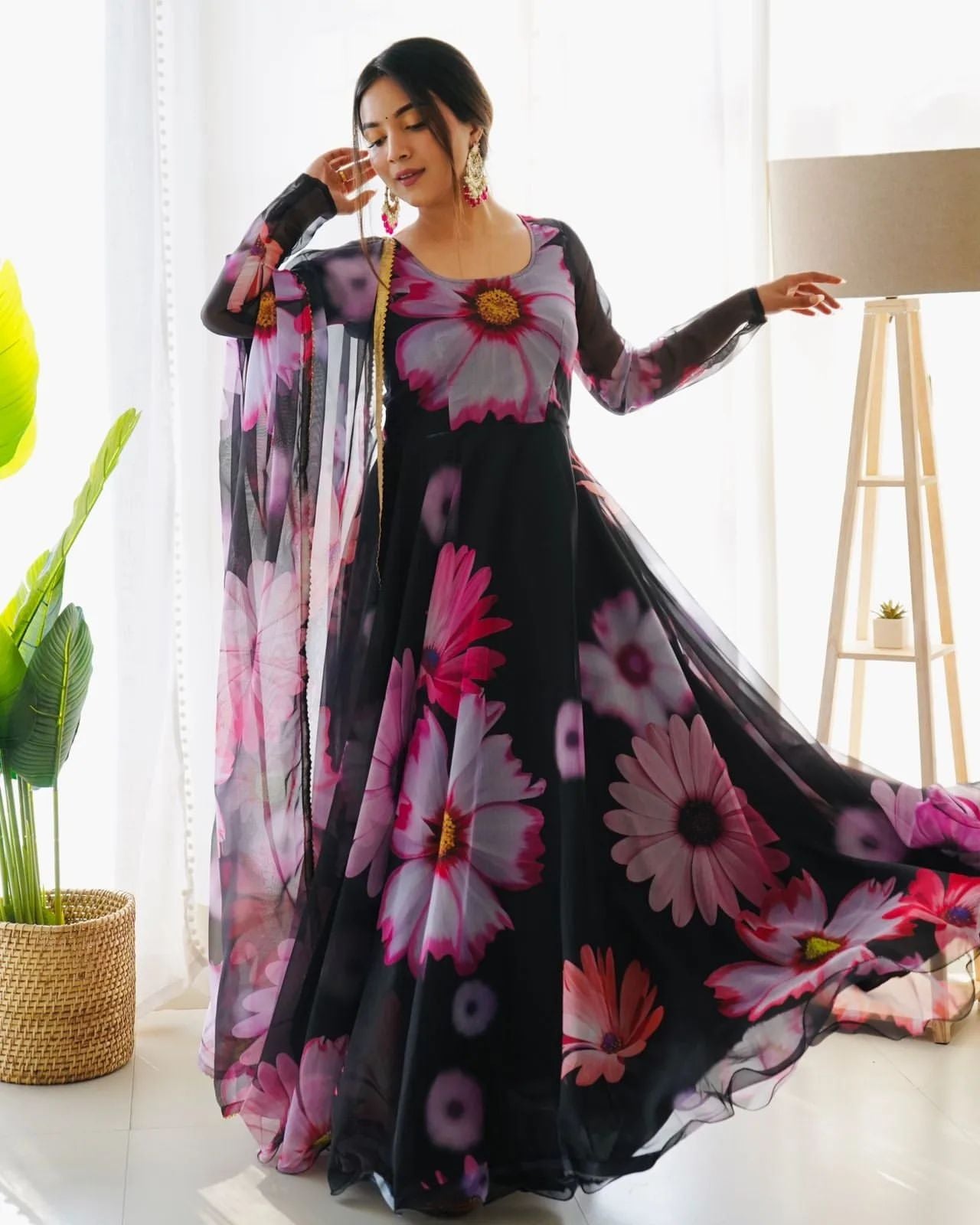 Enchanting Black Organza Silk Floral Printed Stitched Gown With Dupatta - INDIAN ELEGANCE
