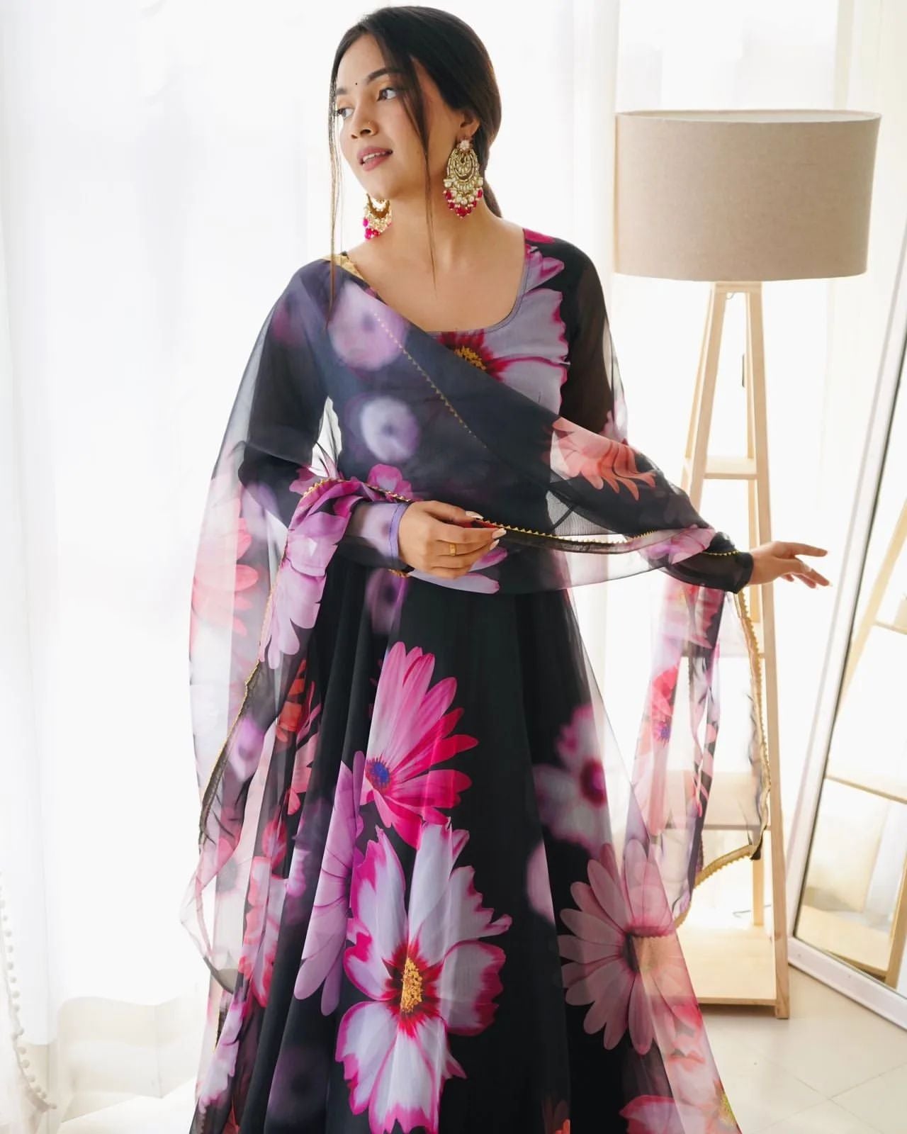 Enchanting Black Organza Silk Floral Printed Stitched Gown With Dupatta - INDIAN ELEGANCE