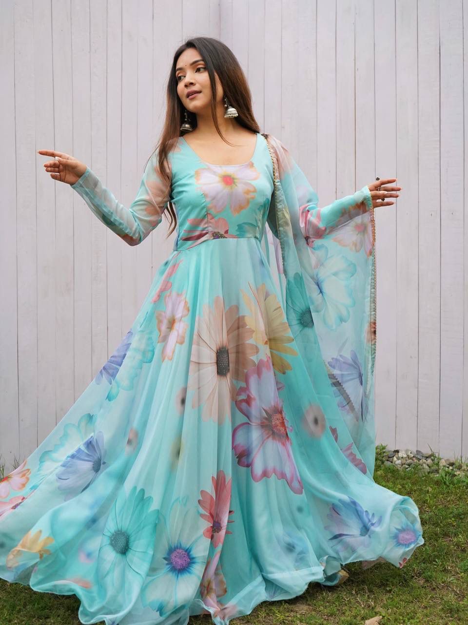 Radiant Sky Blue Organza Silk Floral Printed Stitched Gown With Dupatta - INDIAN ELEGANCE
