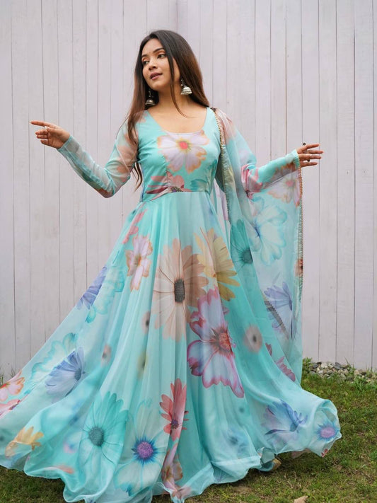 Radiant Sky Blue Organza Silk Floral Printed Stitched Gown With Dupatta - INDIAN ELEGANCE